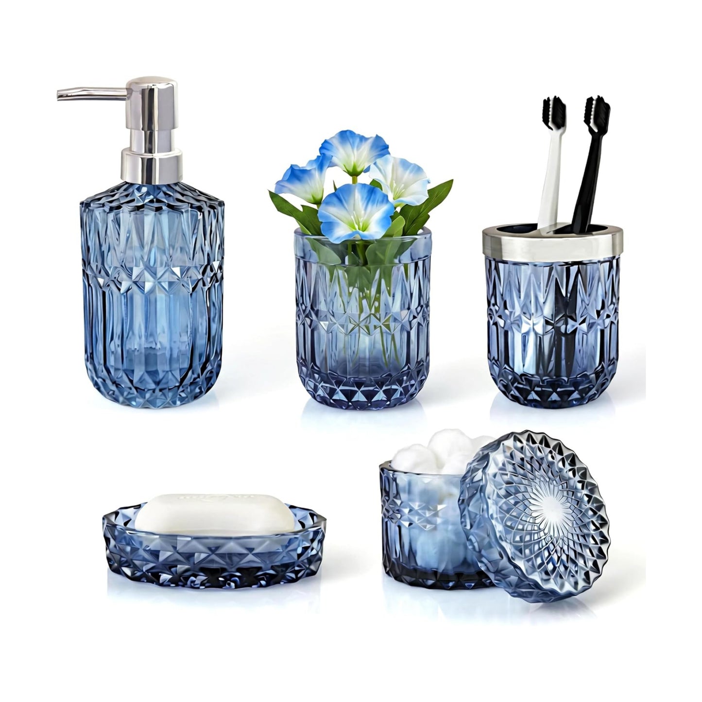 LaMarriti Blue Bathroom Accessories Set, 5Pcs Clear Glass Bathroom Accessories, Hand Soap Dispenser, Soap Dish