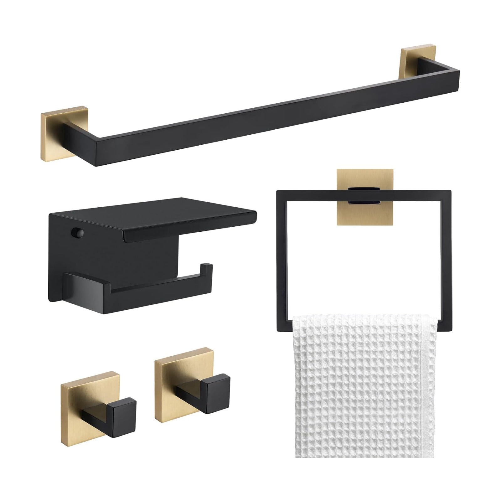 5 Pieces Bathroom Hardware Set Black and Gold Towel Bar Set, Toilet Paper Holder with Shelf, Towel Holder Set in