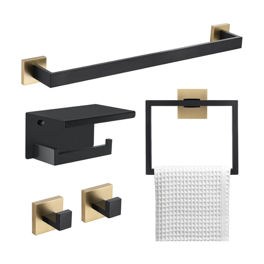 5 Pieces Bathroom Hardware Set Black and Gold Towel Bar Set, Toilet Paper Holder with Shelf, Towel Holder Set in