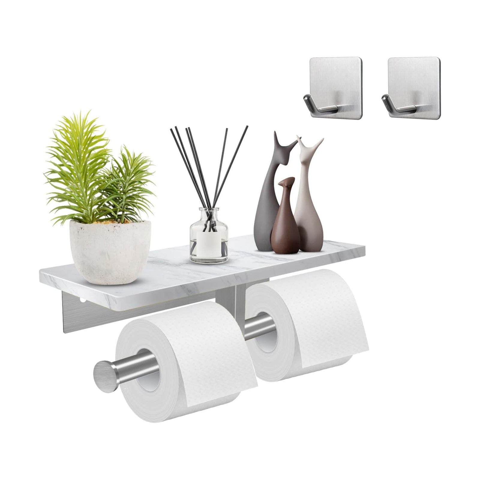 Toilet Paper Holder with Shelf, Double Toilet Paper Holder Wall Mount and 2PCS Free Adhesive Hooks for Bathroom