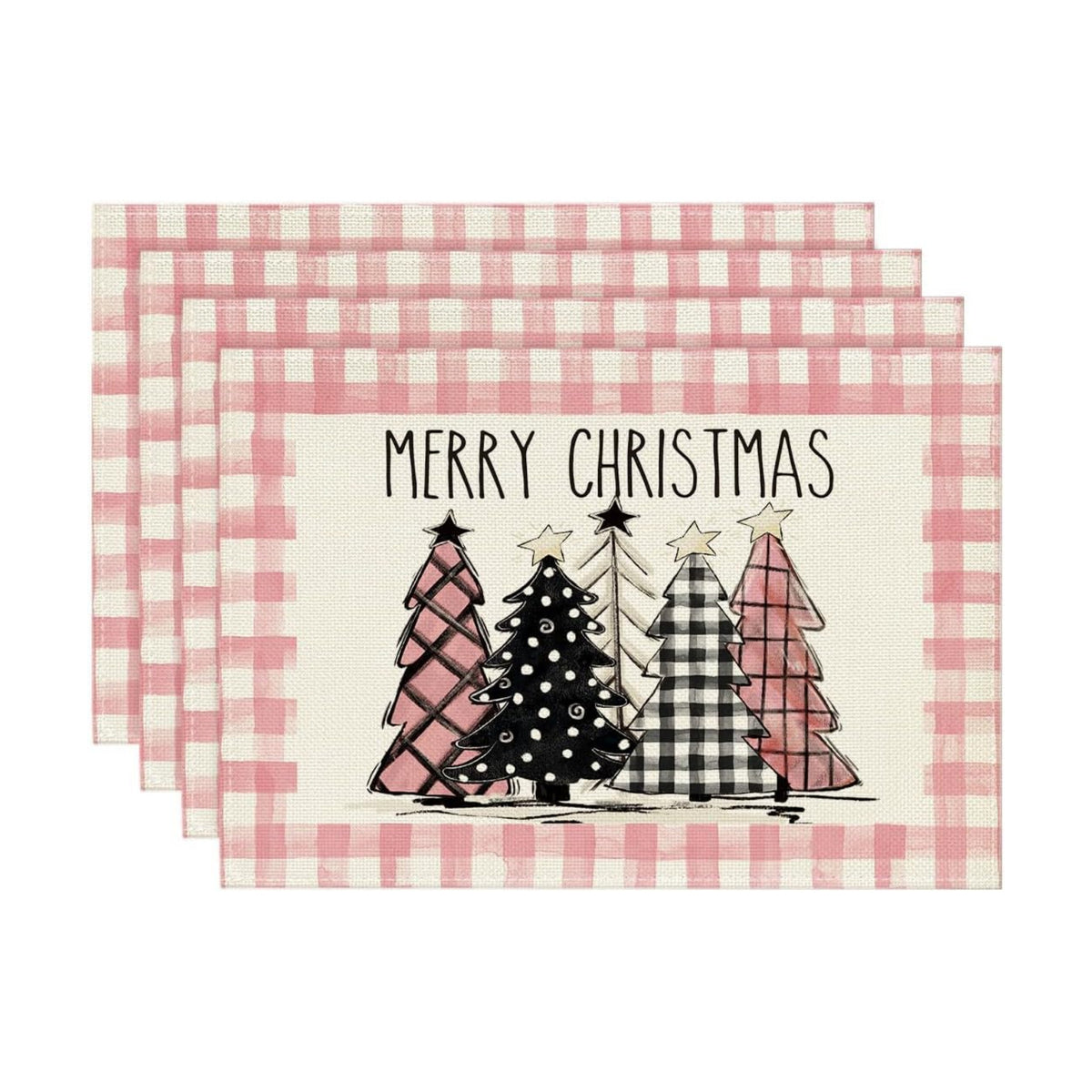 Artoid Mode Waterclor Pink Buffalo Plaid Christmas Trees Placemats Set of 4, 12x18 Inch Winter Table Mats for Outdoor Home Party Kitchen Dining Decor