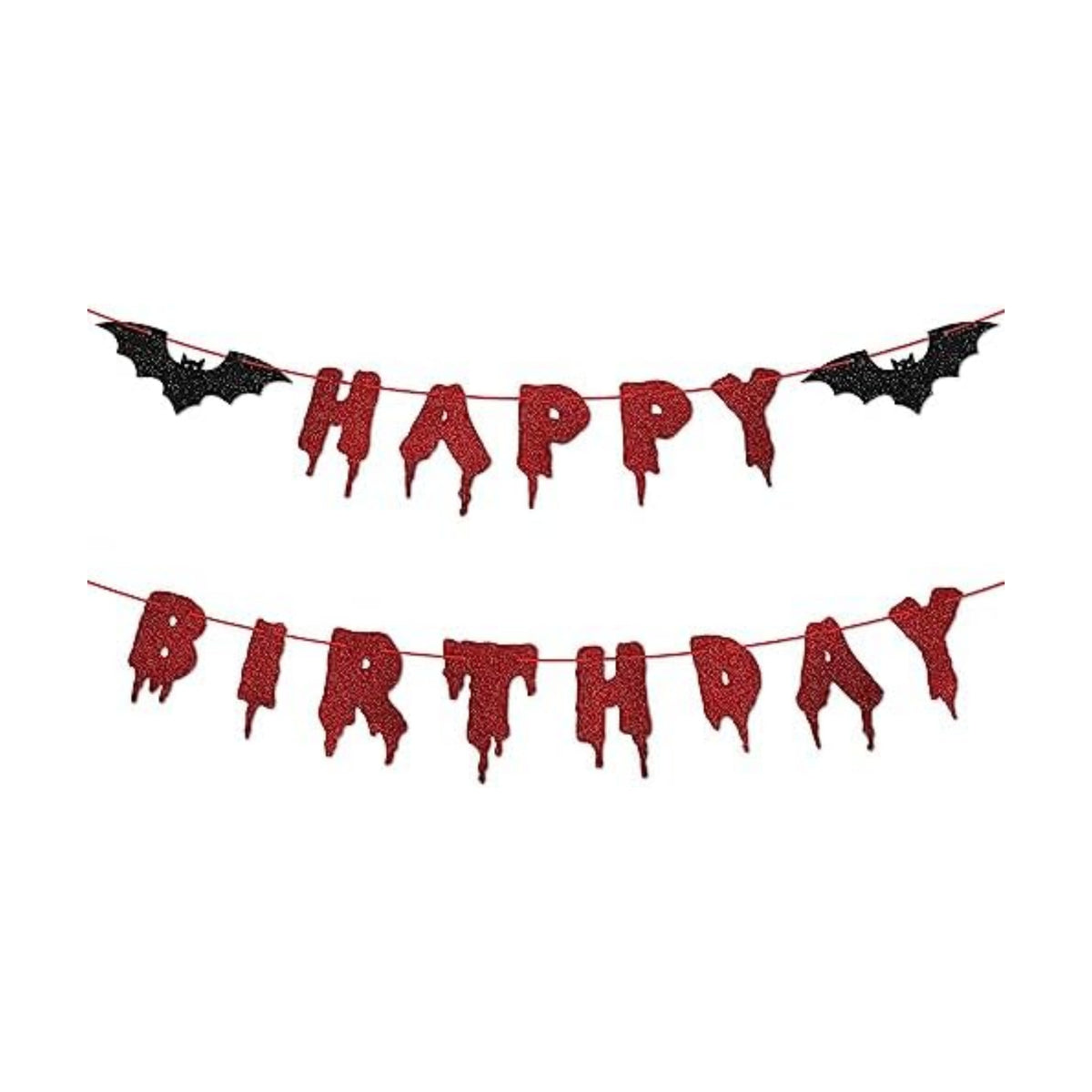 Happy Birthday Halloween Banner – Red Glitter Dripping Blood-Style Paper Letter Garland with Black Bat Accents for Scary Birthday Party, Vampire, Gothic and Horror Decorations