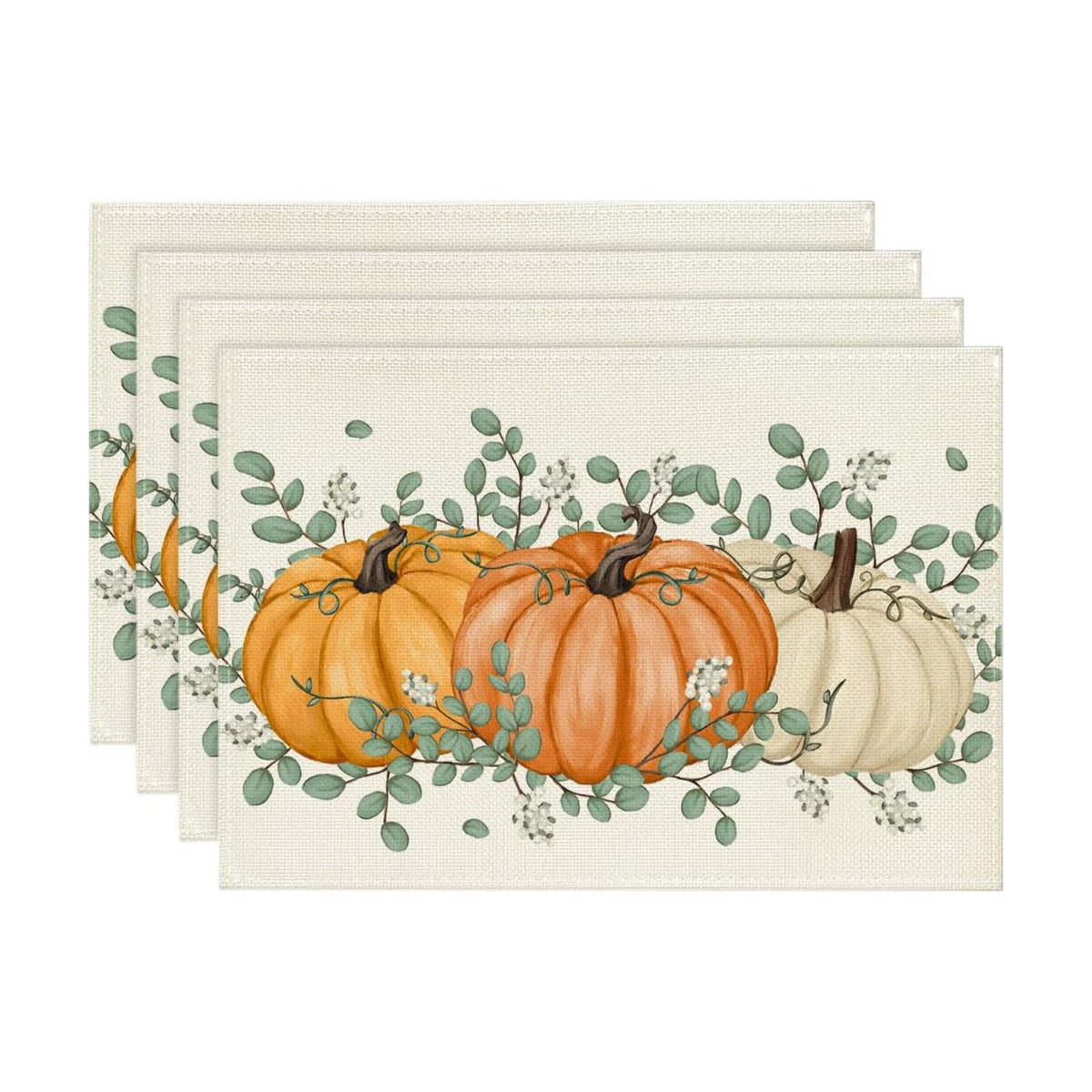 Artoid Mode Orange Pumpkins Eucalyptus Leaves Fall Placemats Set of 4, 12x18 Inch Autumn Thanksgiving Holiday Table Mats for Party Kitchen Dining Decor