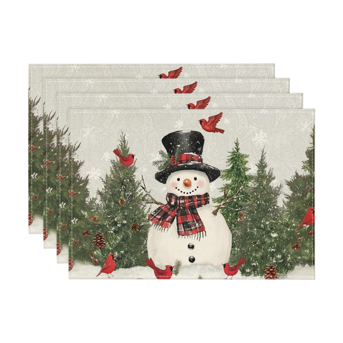 Artoid Mode Snowman Birds Trees Christmas Placemats Set of 4, 12x18 Inch Seasonal Grey Winter Holiday Table Mats for Party Kitchen Dining Decoration