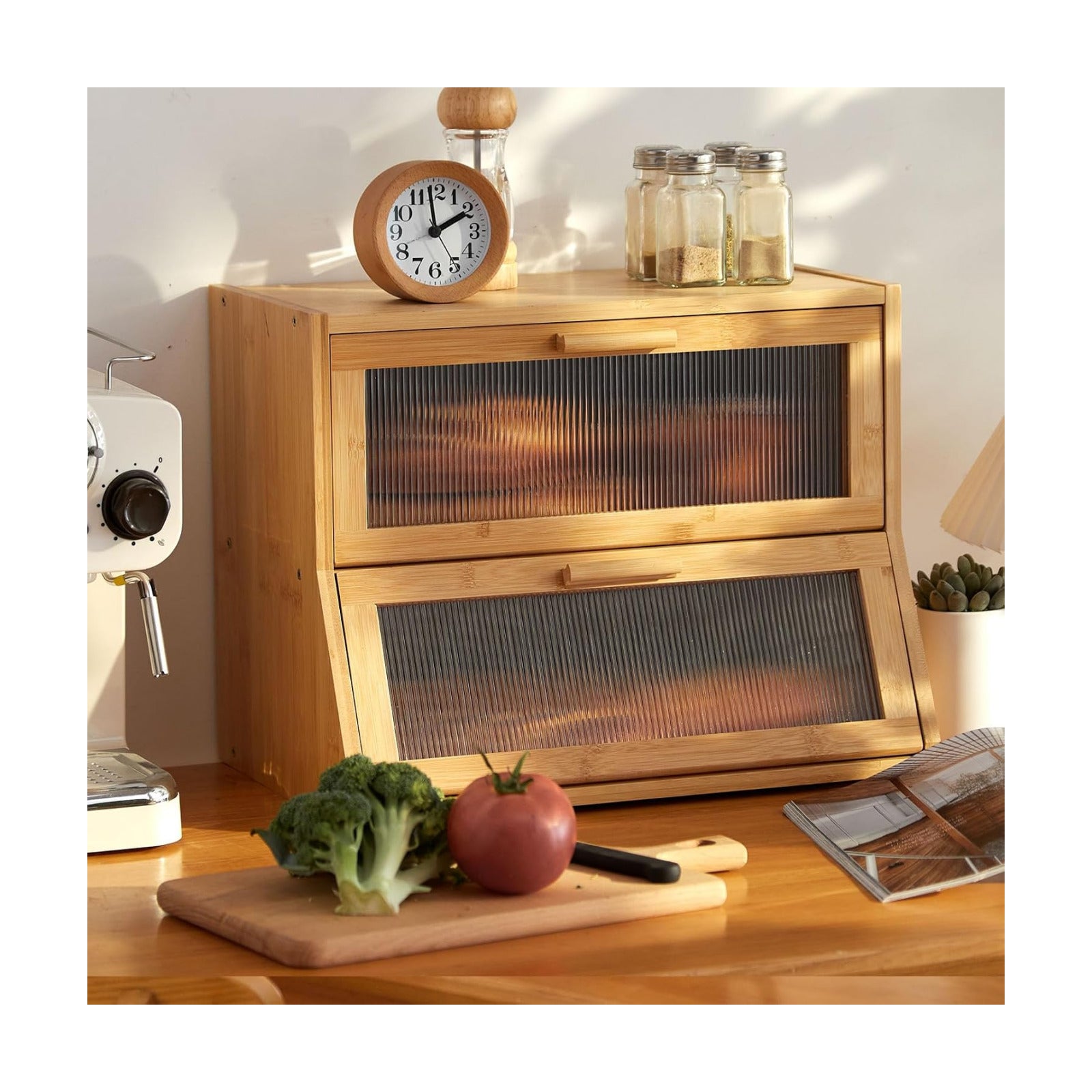 GHWIE Double Layer Bamboo Bread Box for Kitchen Counter,Large Capacity Bread Storage Bin,Bread Container with Acrylic