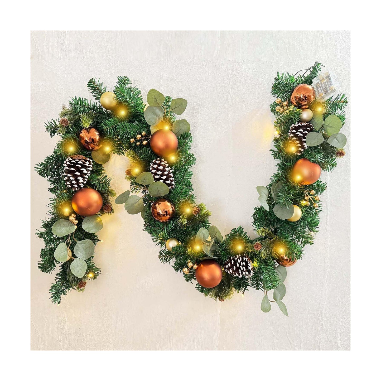 WANNA-CUL Pre-Lit 6ft Copper Gold Christmas Garland with 30 LED Lights | Timer Winter Xmas Lighted Garland for Mantel