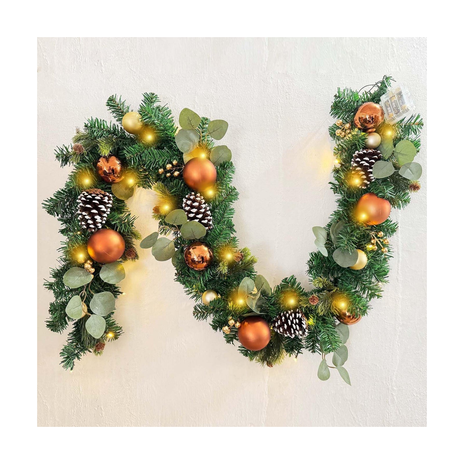 WANNA-CUL Pre-Lit 6ft Copper Gold Christmas Garland with 30 LED Lights | Timer Winter Xmas Lighted Garland for Mantel