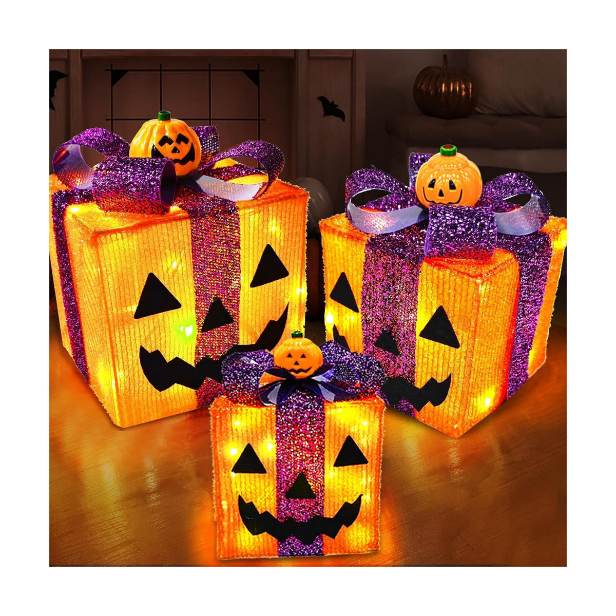 [ 8 Modes & Timer ] 3 Pack Lighted Halloween Pumpkin Decorations Gift Box