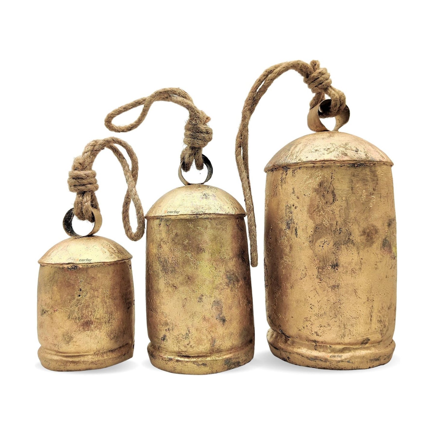 Shabby Chic Set of 3 Country Rustic Style Bells Handmade Metal Harmony Christmas Hanging Cow Bell Set on Jute Rope