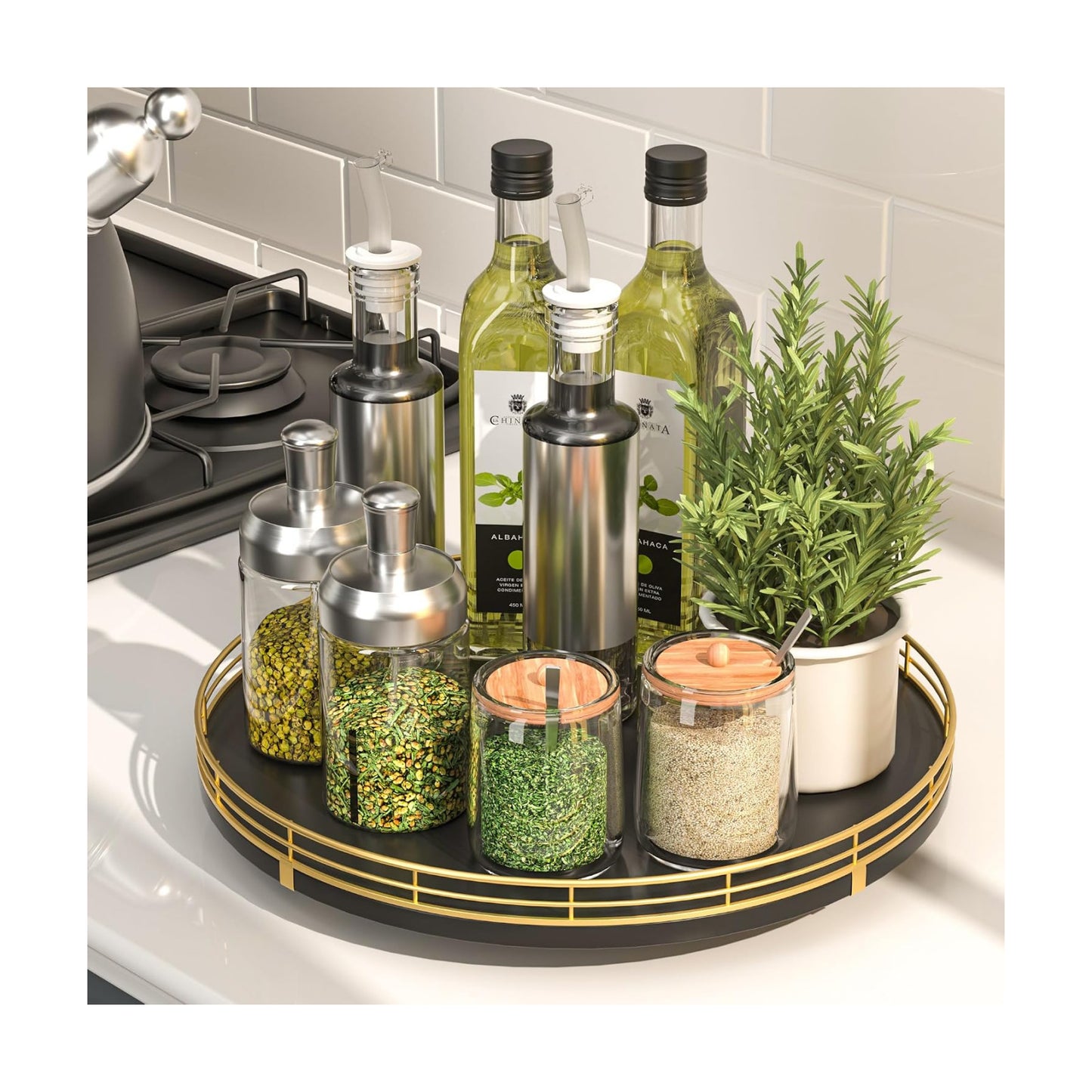 12" Oak Wood Lazy Susan Organizer / Gold Black / Set of 12