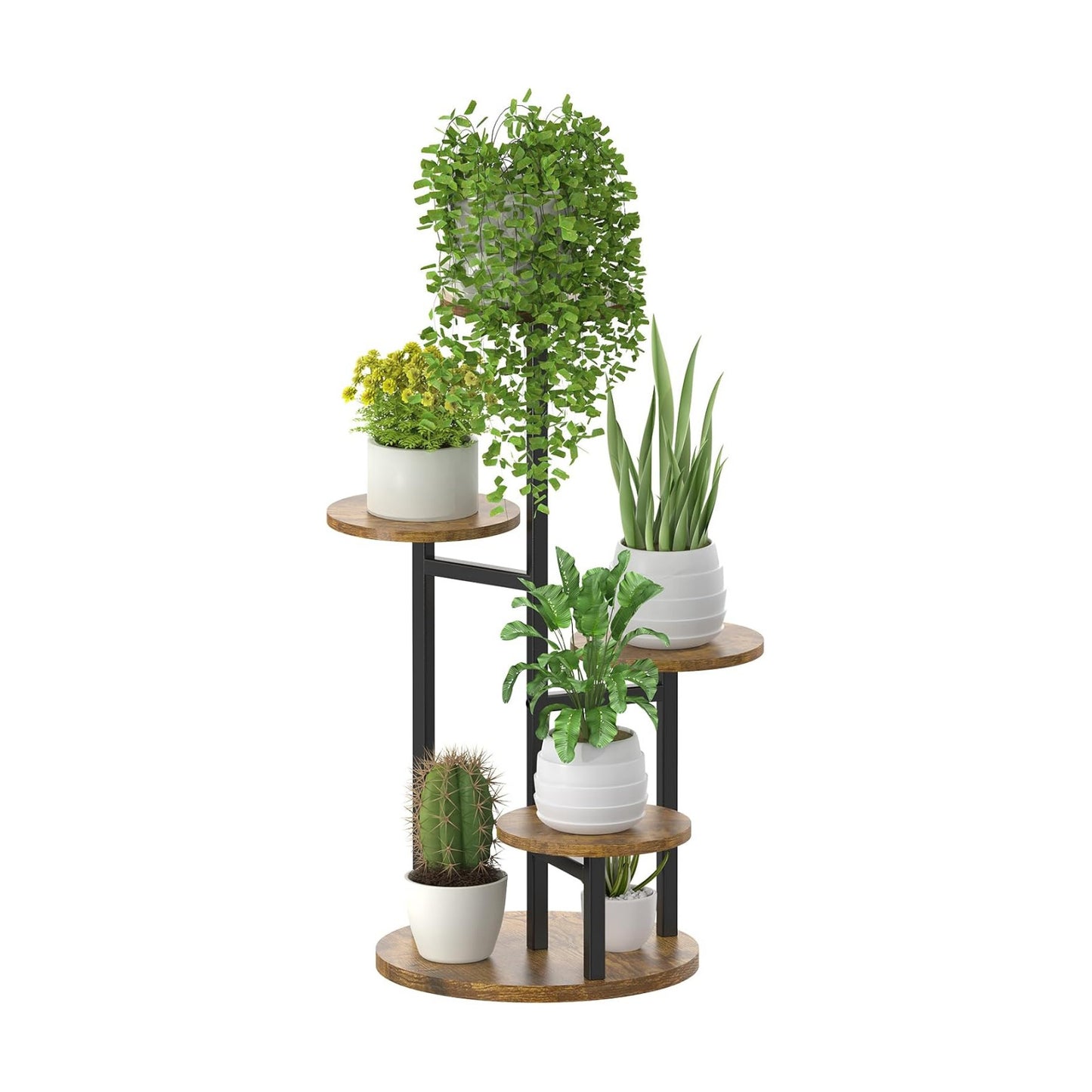 Oppro Plant Stand Indoor, 5 Tier Metal Wood Flower Multiple Shelf | Heavy Duty Round Sturdy Spiral Planter Orchid