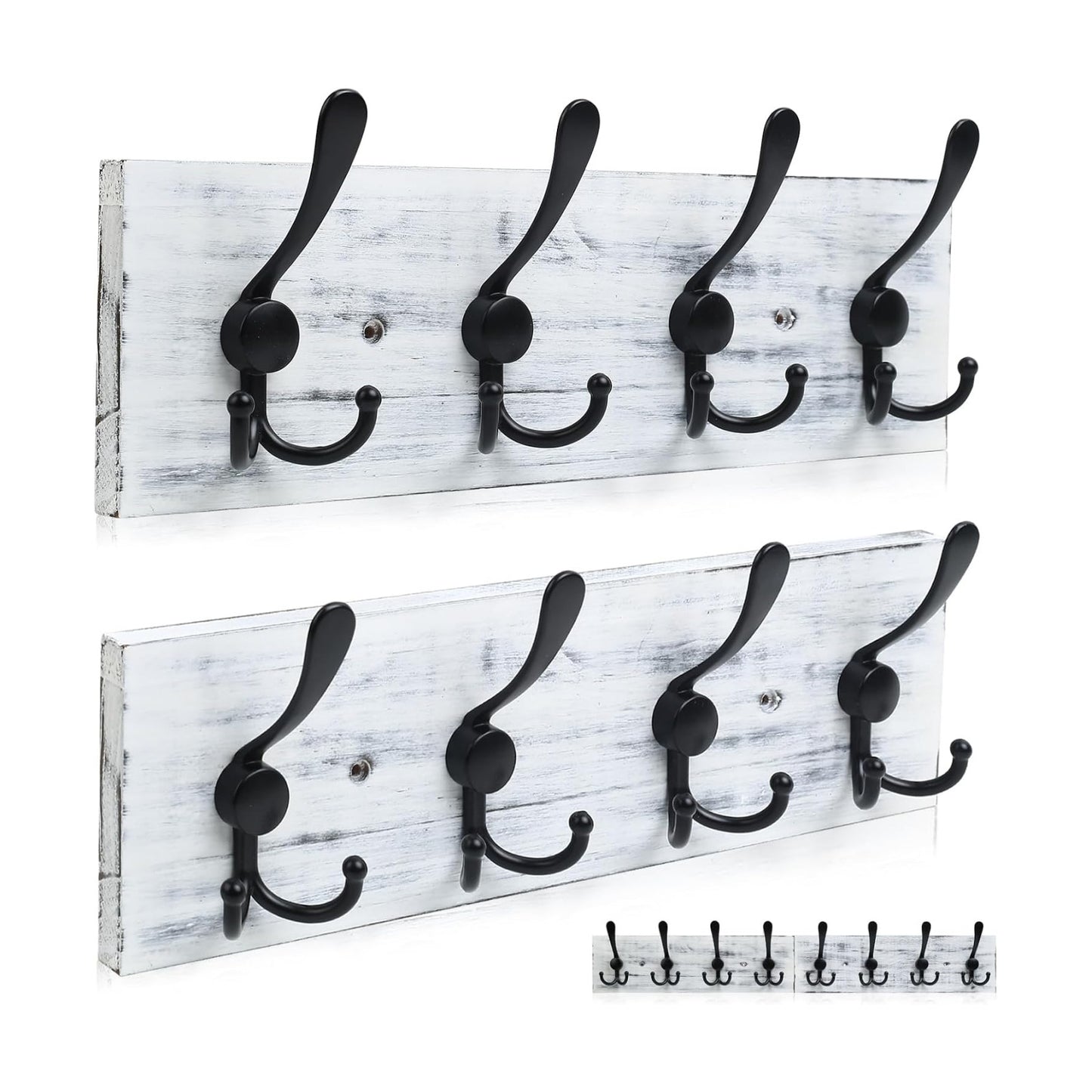 31.5" Large Coat Rack Wall Mount Coat Hooks with 8 Black Metal Triple Hooks, 1.4cm Thick Solid Pine Wood Wall Hooks for