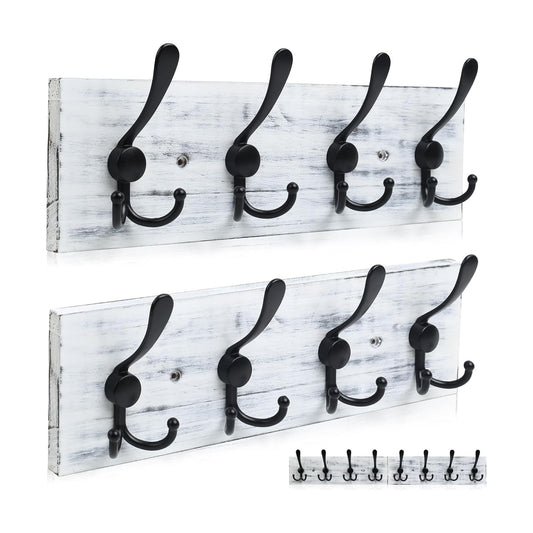 31.5" Large Coat Rack Wall Mount Coat Hooks with 8 Black Metal Triple Hooks, 1.4cm Thick Solid Pine Wood Wall Hooks for
