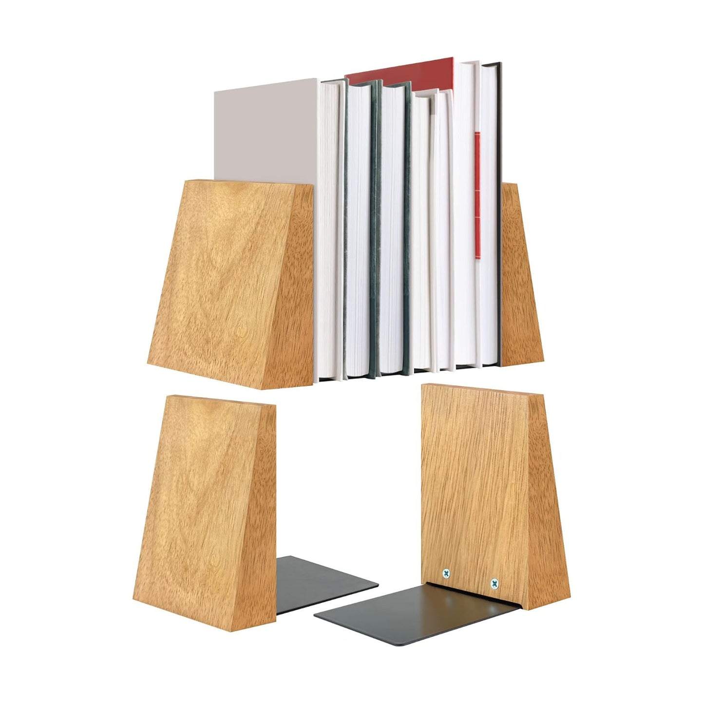 2 Pairs Handmade 100% Solid Wood Decorative Bookends / Natural / Triangle / Set of 4