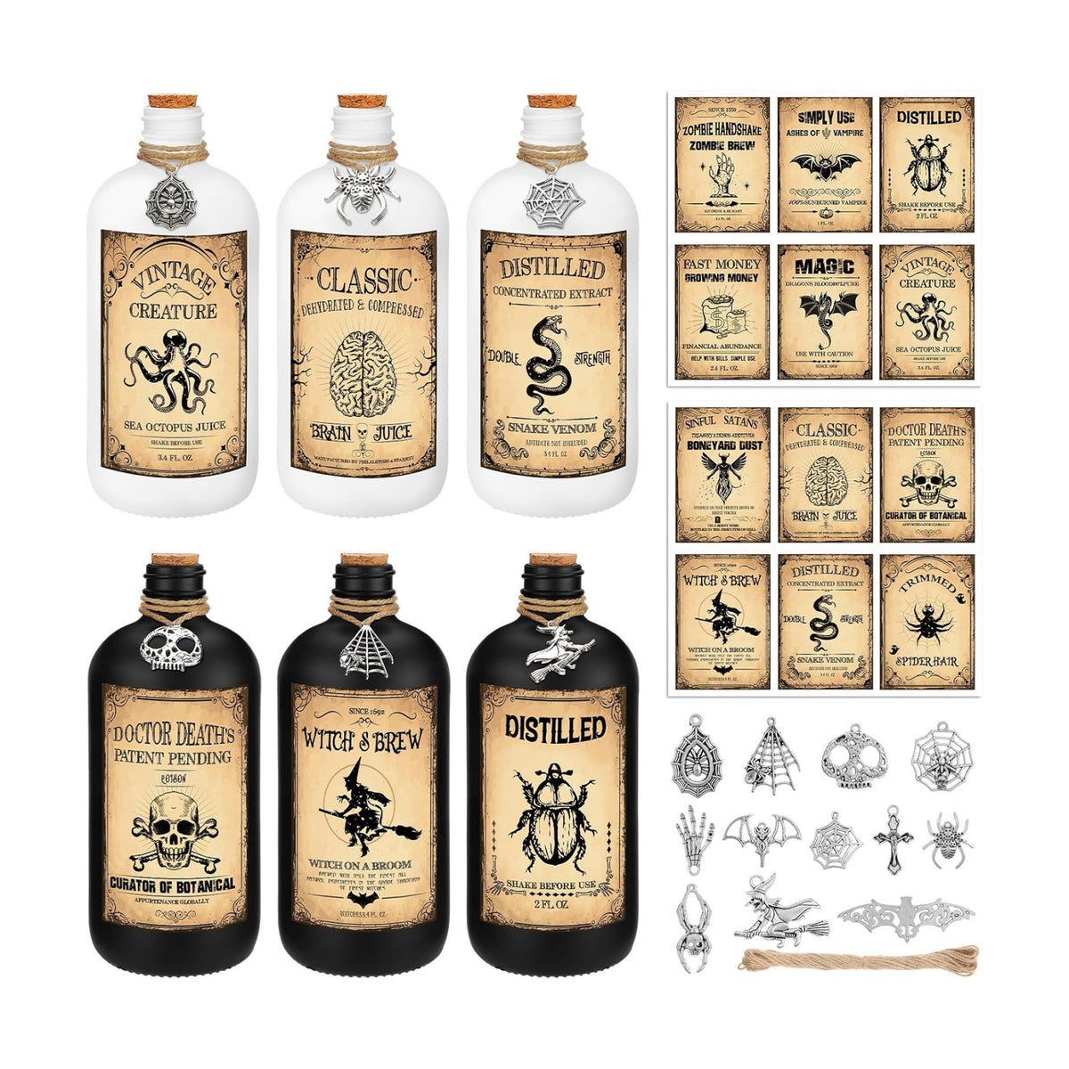 Uiifan 31 Pcs Halloween Potion Bottles Set with Cork,White, Black,16 oz