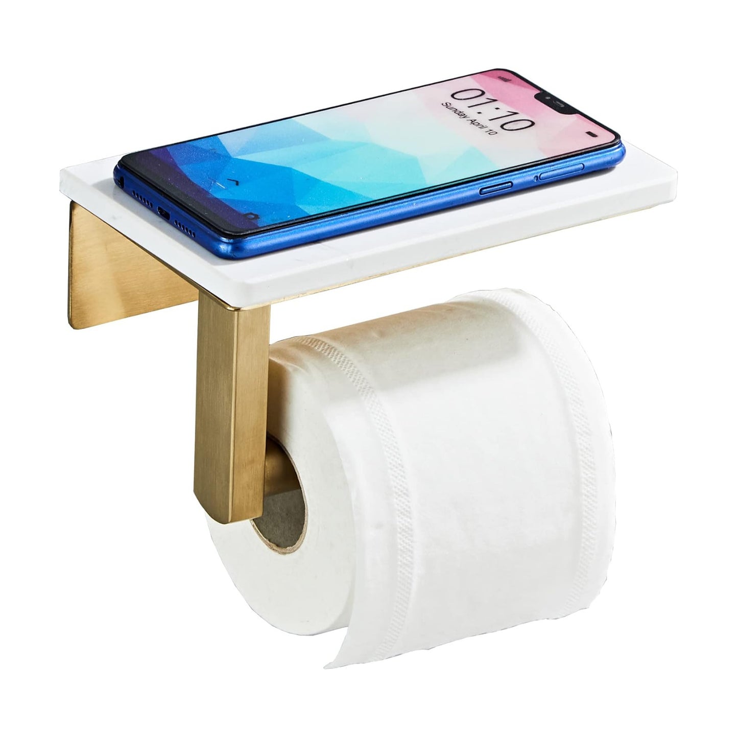 Brushed Gold Toilet Paper Holder with Marble-Look Shelf, Wall Mounted SUS304 Stainless Steel Toilet Roll Holder with