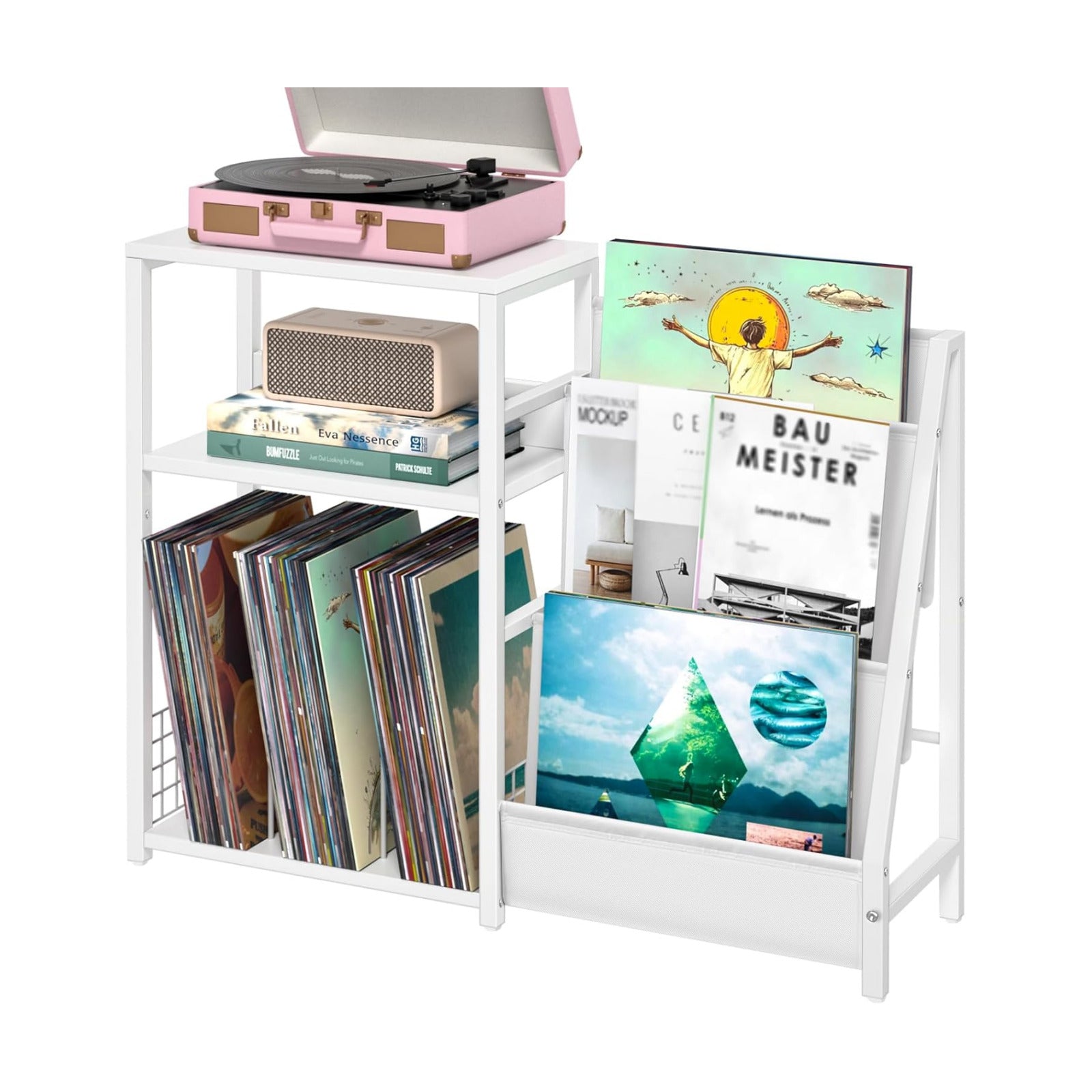 Record Player Table,Turntable Shelf with Vinyl Storage Up to 150 Albums,White Side Table with 3 Tier Magazine