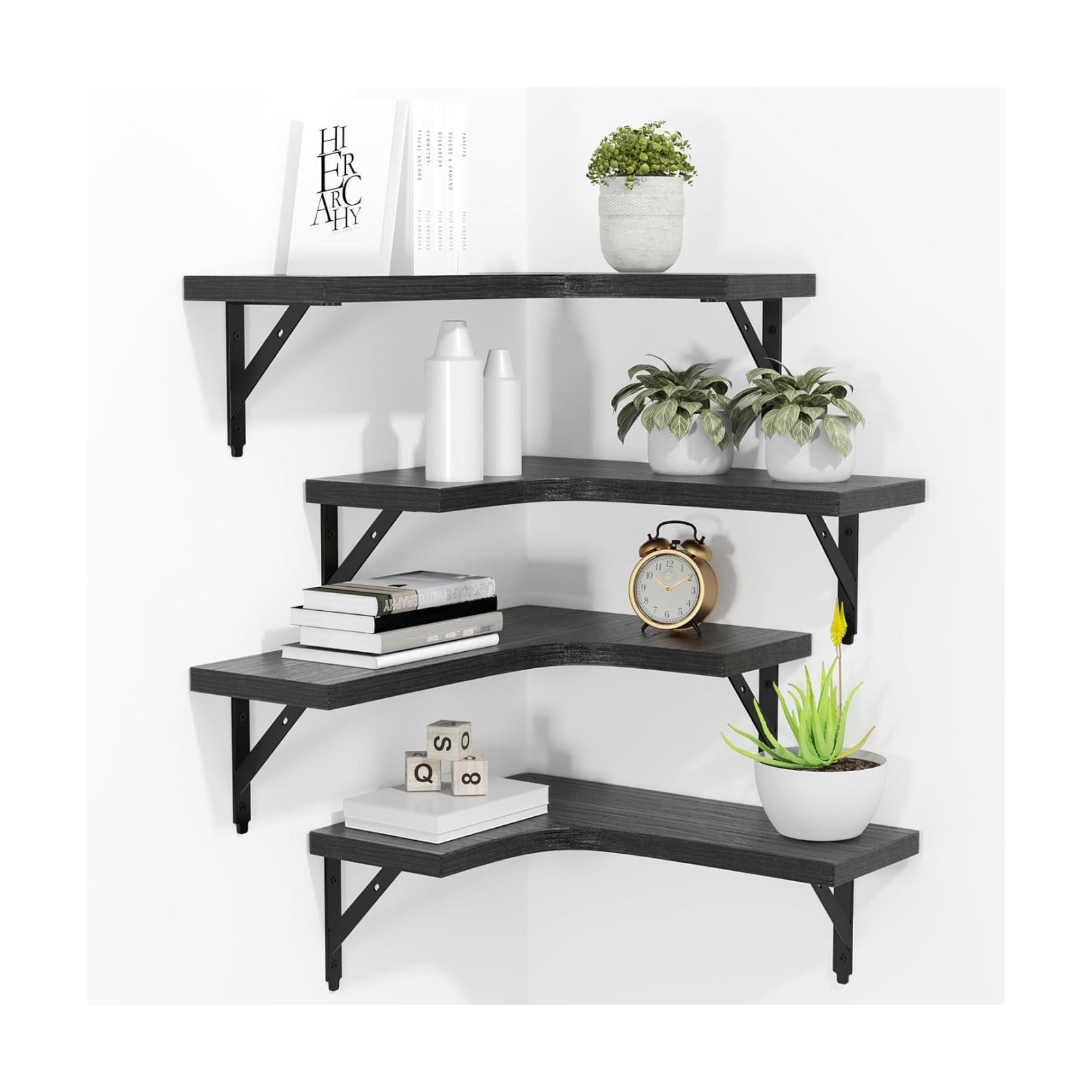 ROMGUAR CRAFT Corner Floating Shelves Wall Mounted Set of 4, Black