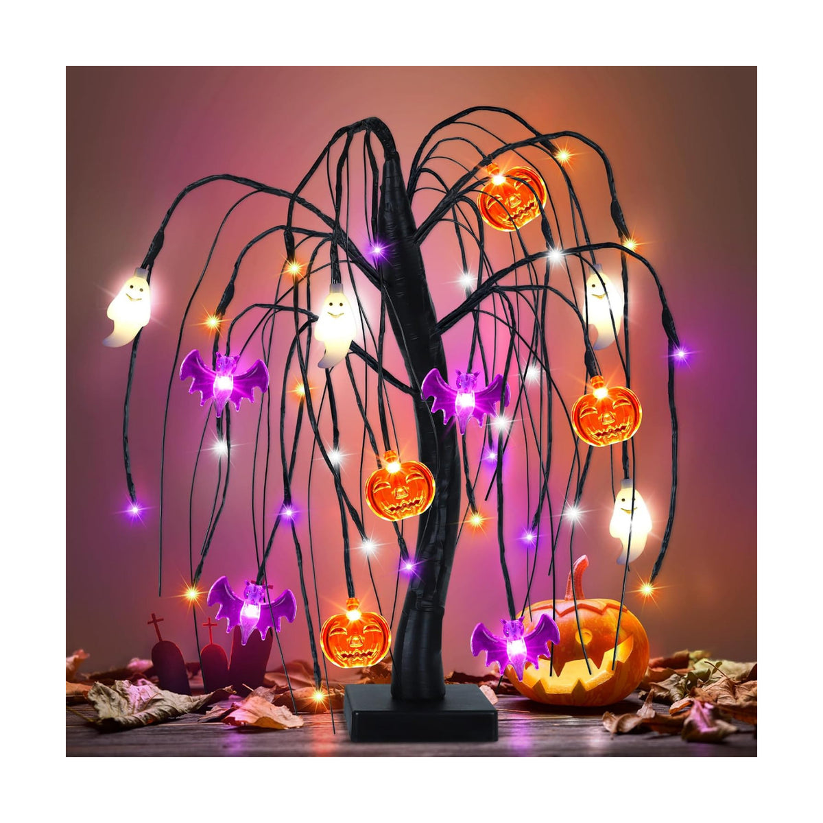 Halloween Table Decorations 18 Inch 36 LED Halloween Willow Tree with Pumpkin Bat Ghost Lights, Timer/USB/Battery Operated Black Halloween Tree Spooky Halloween Decorations Indoor Home Party Room Gift