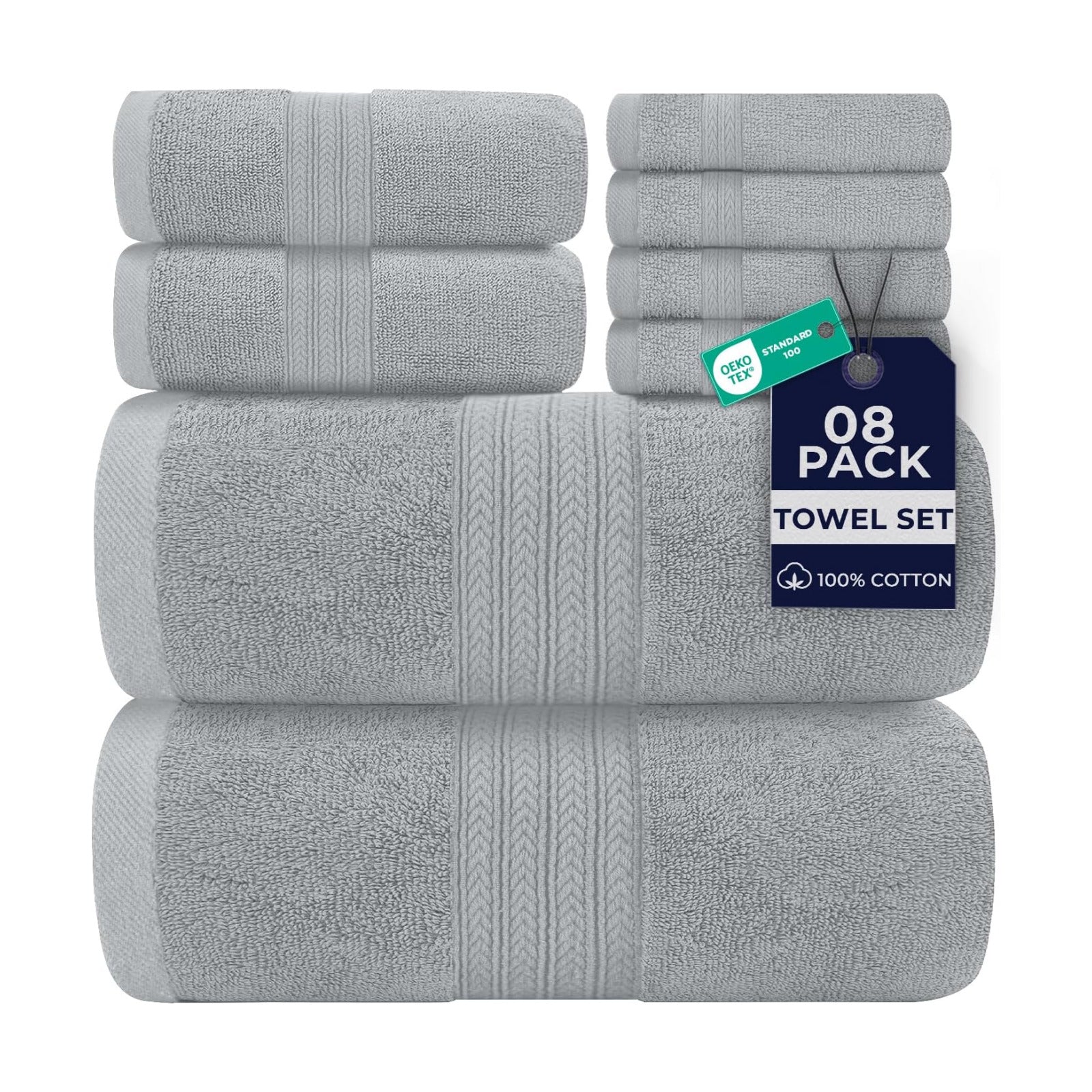 DAN RIVER 8 Piece Luxury Bath Towels for Bathroom, Towel Set, Silver | 2 Bath towels, 2 Hand towels, and 4 Wash Cloths