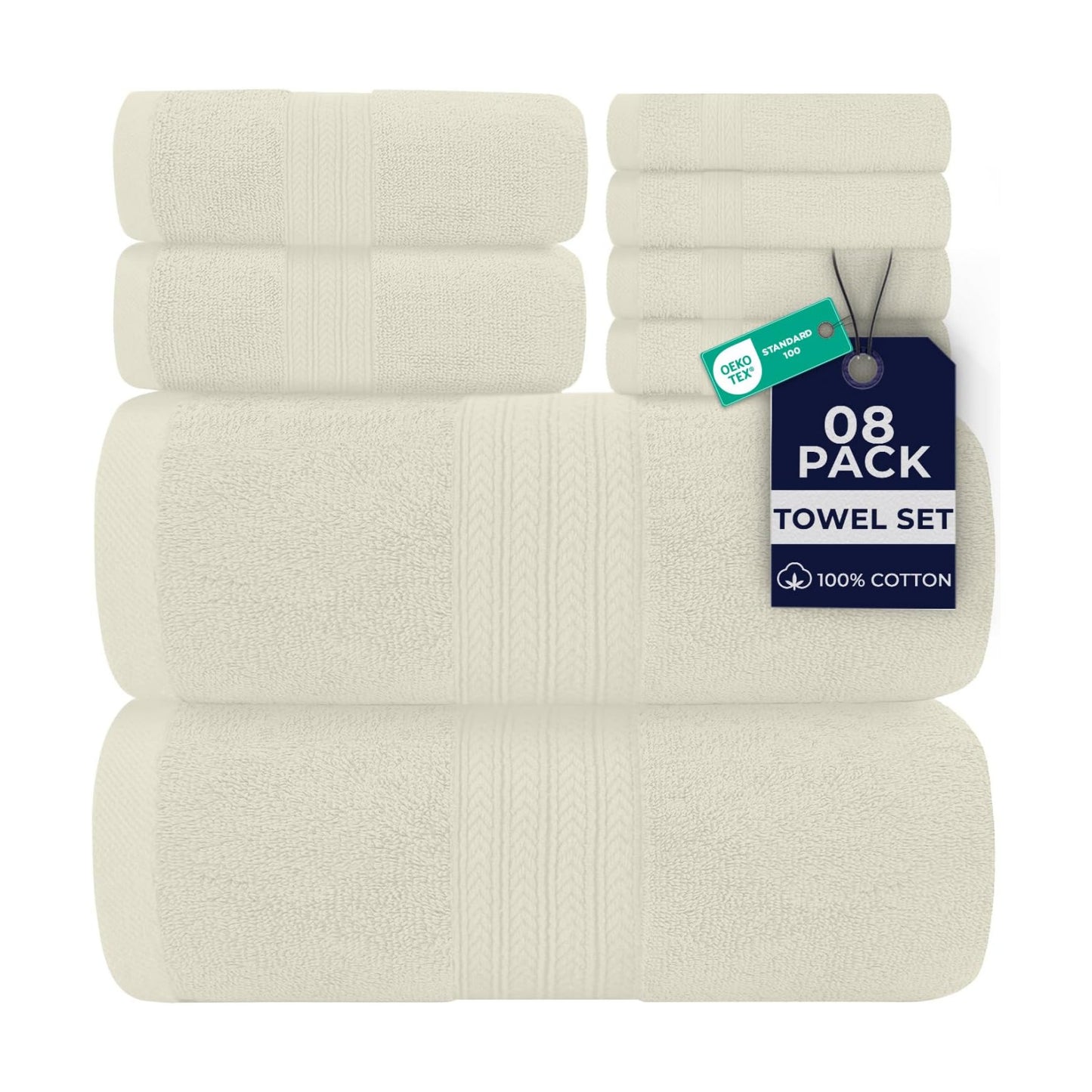 DAN RIVER 8 Piece Luxury Bath Towels for Bathroom, Towel Set, Ivory | 2 Bath towels, 2 Hand towels, and 4 Wash Cloths