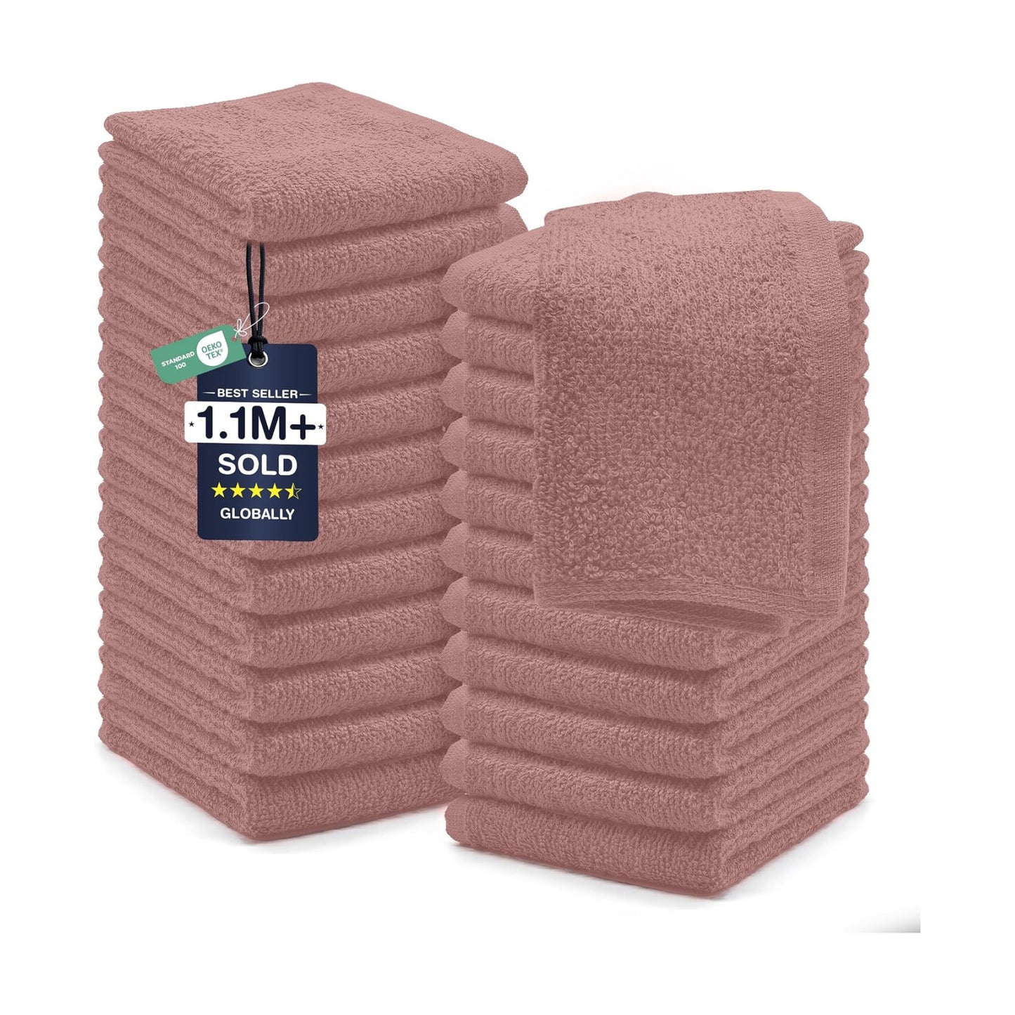 DAN RIVER 24 Pack Cotton Wash Cloths Set for Showering [12x12] Dusty Pink | Lighter Weight, Quick to Dry, Super Soft &