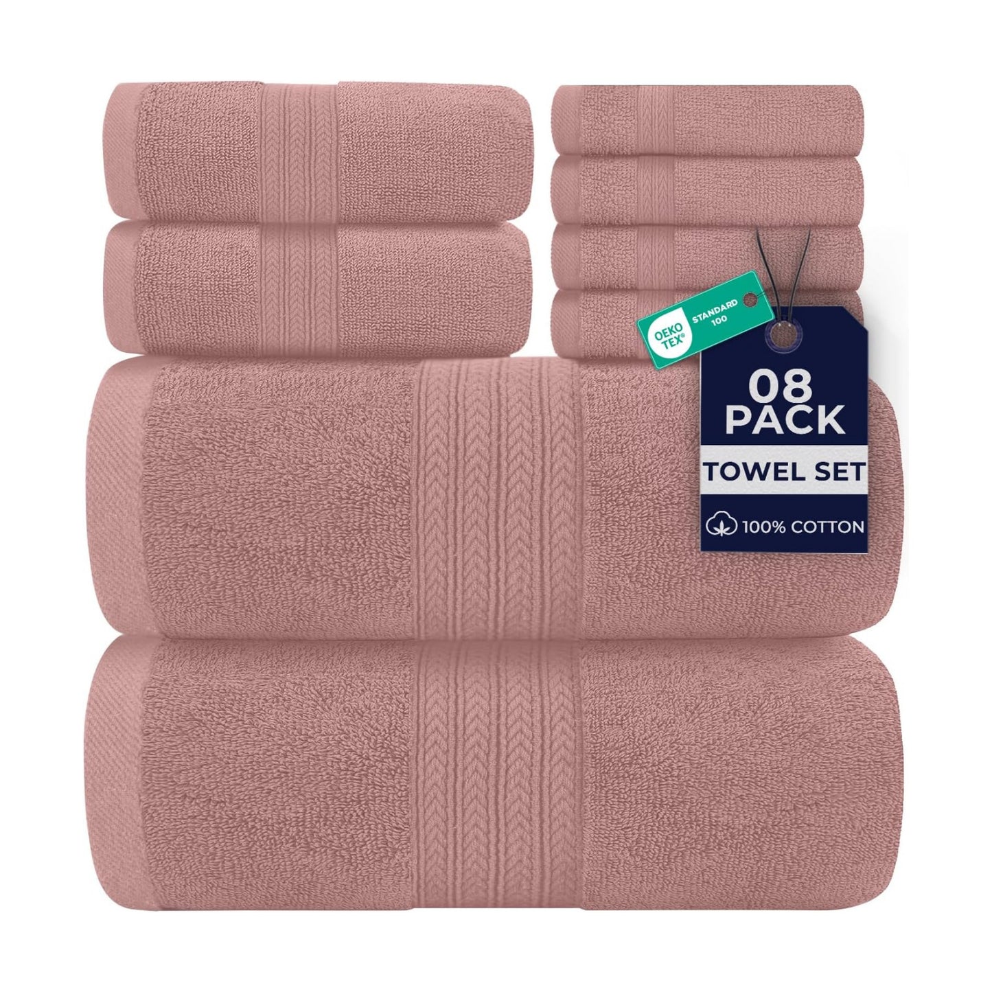 DAN RIVER 8 Piece Luxury Bath Towels for Bathroom, Towel Set, Dusty Rose | 2 Bath towels, 2 Hand towels, and 4 Wash