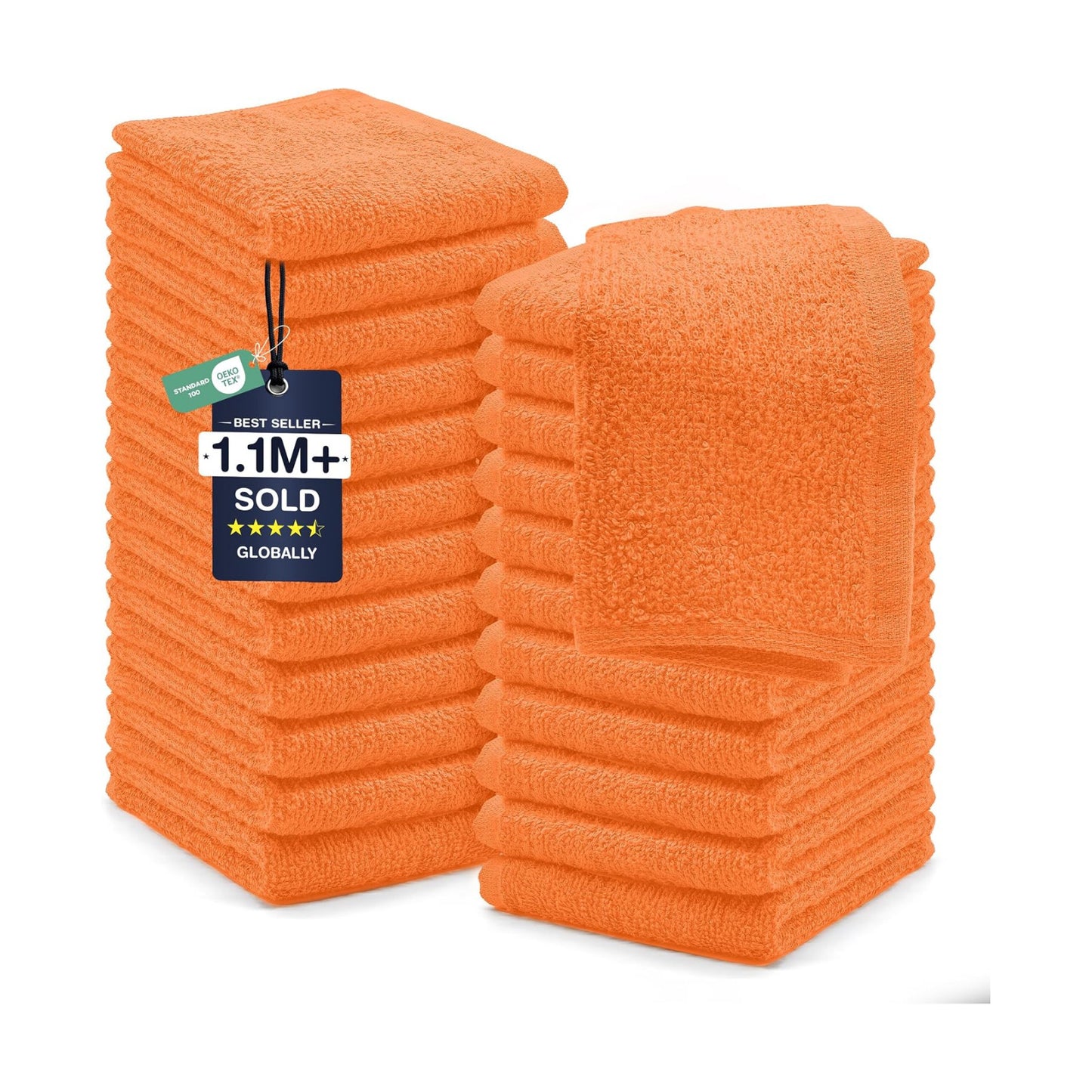 DAN RIVER 24 Pack Cotton Wash Cloths Set for Showering [12x12] Orange | Lighter Weight, Quick to Dry, Super Soft &