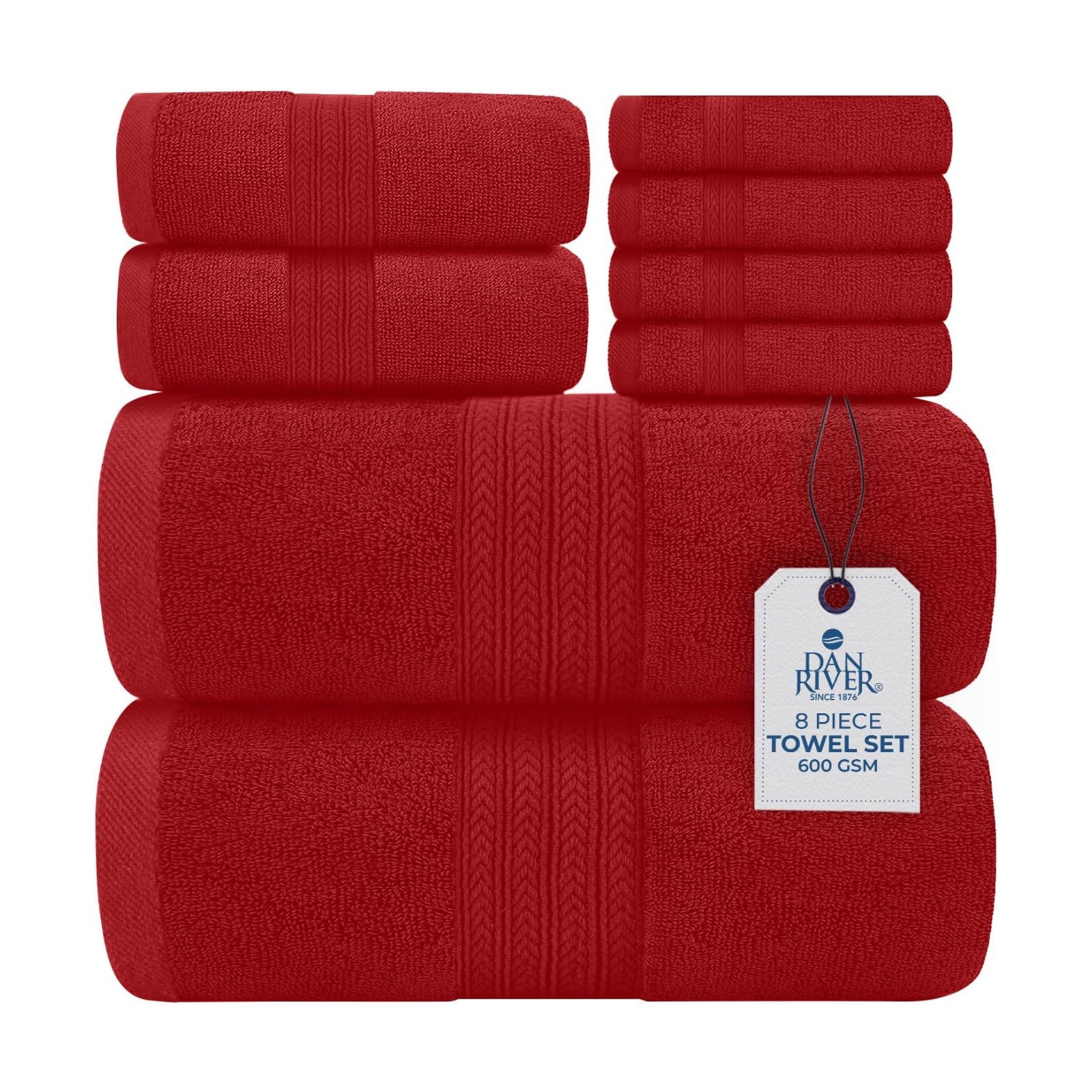 DAN RIVER 8 Piece Luxury Bath Towels for Bathroom, Towel Set, Red | 2 Bath towels, 2 Hand towels, and 4 Wash Cloths