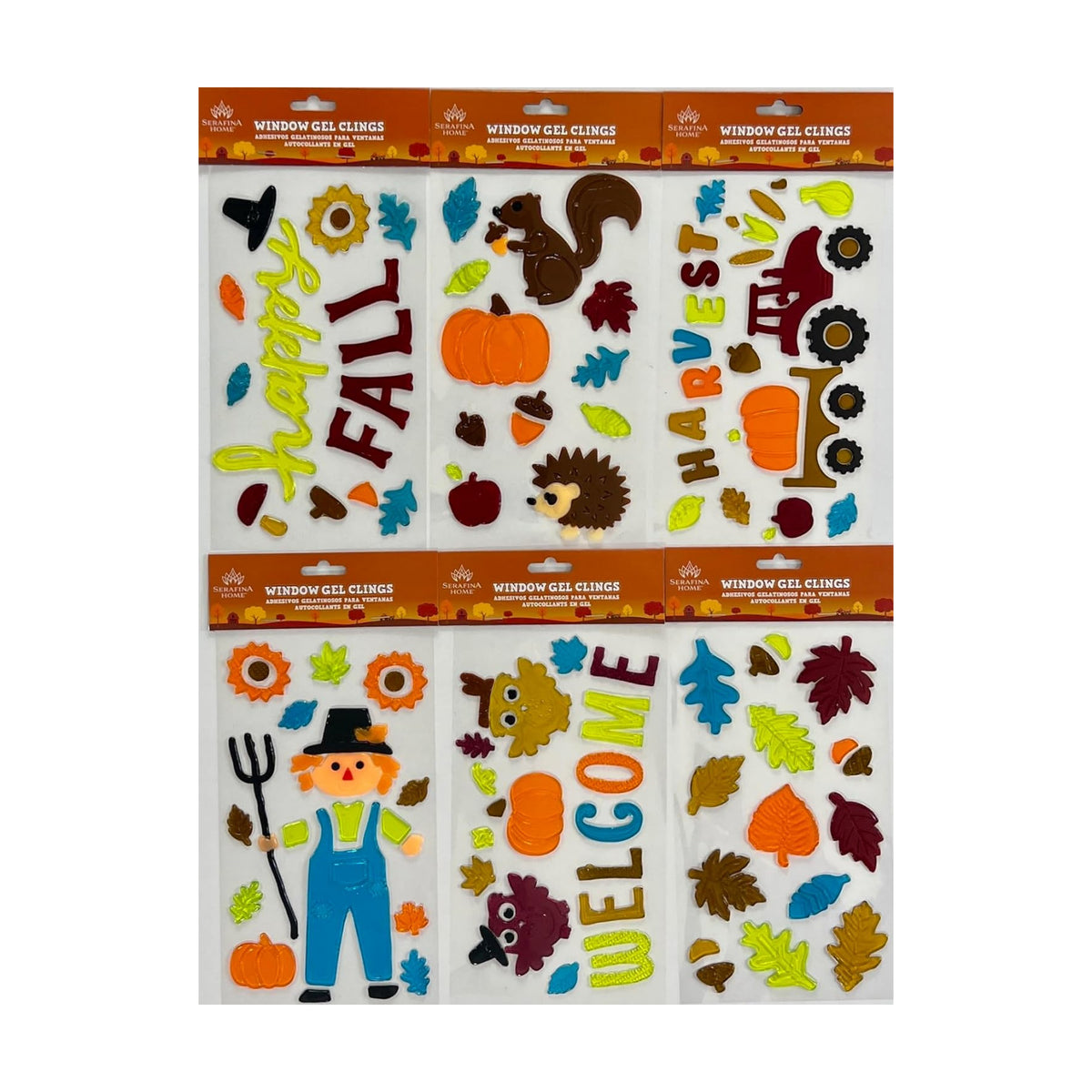 Fall Thanksgiving Window Gel Clings for Glass & Mirrors, 6 Reusable Sheets