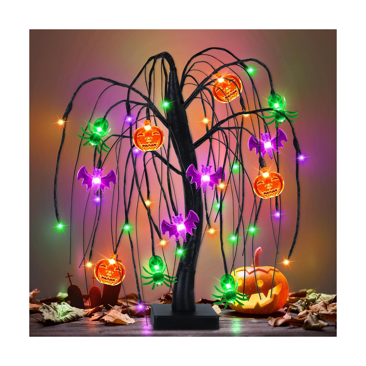 Halloween Table Decor 18 Inch 36 LED Halloween Willow Tree with Pumpkin Bat Spider Lights, Timer/USB/Battery Operated Black Halloween Tree Spooky Halloween Decorations Indoor for Home Party Room Gifts