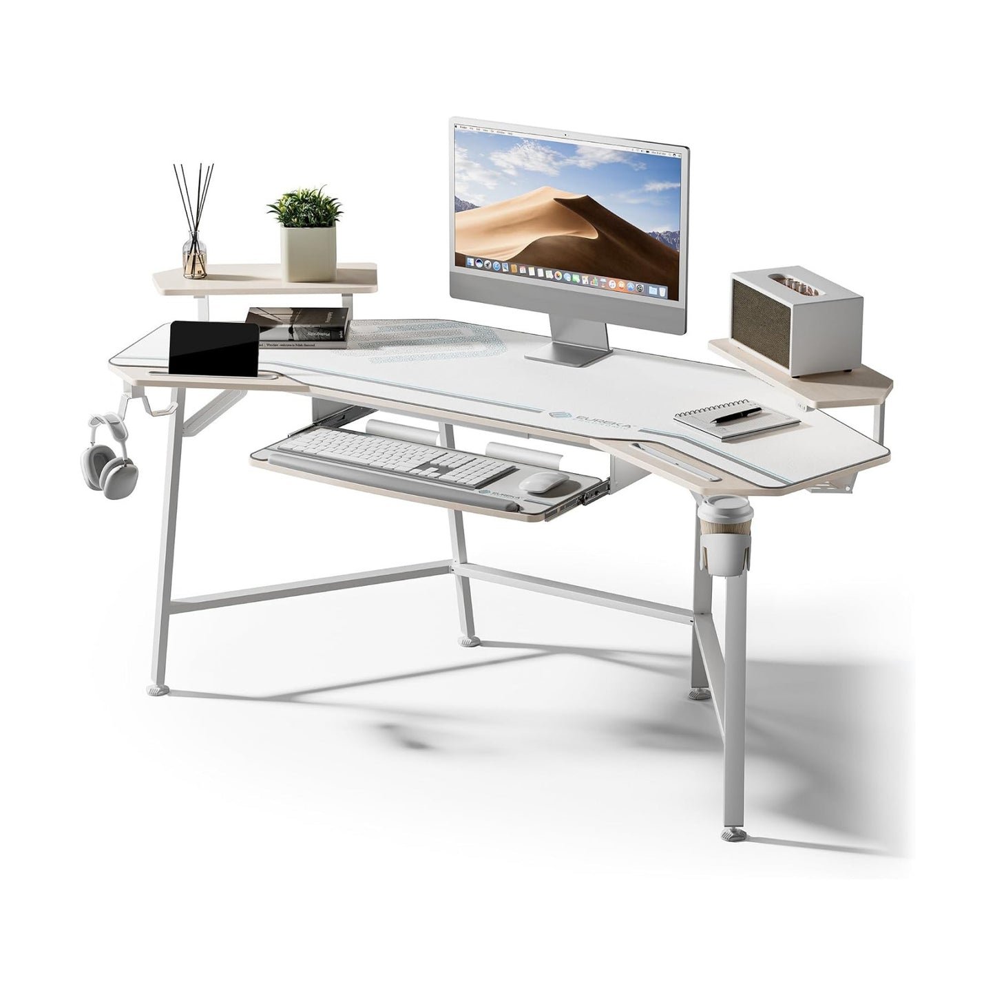 EUREKA ERGONOMIC Gaming Desk Wing Shaped Keyboard Tray 72 Inch Maple | LED monitor stand with dual headphone hooks and