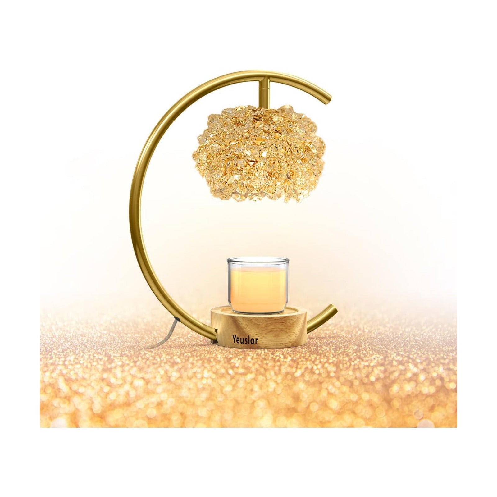 Yeuslor Gold Candle Warmer Lamp for Jar Candles with Adjustable Brightness＆Timer，Handcrafted Crystal＆Wooden Base