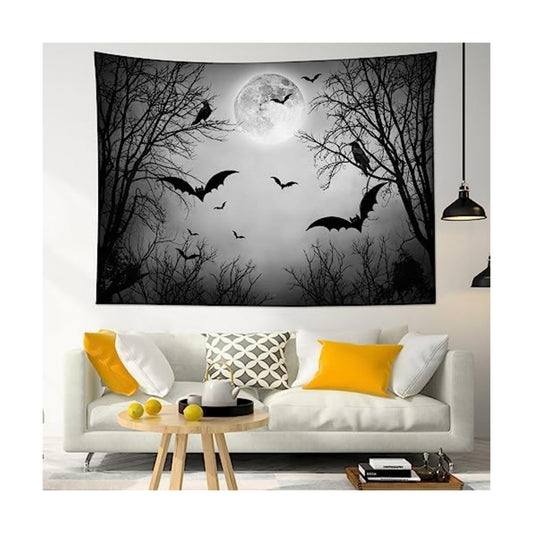 HVEST Horror Halloween Tapestry Wall Hanging Scary Full Moon Night Black Crow and Bat Tapestry for Bedroom, Spooky Dead Forest Tapestries for Living Room Dorm Party Wall Decor, 60W X 40H inches