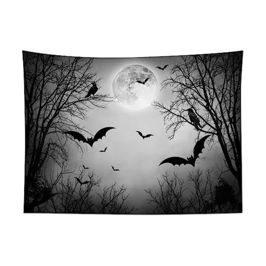 HVEST Horror Halloween Tapestry Wall Hanging Scary Full Moon Night Black Crow and Bat Tapestry for Bedroom, Spooky Dead Forest Tapestries for Living Room Dorm Party Wall Decor, 80W X 60H inches