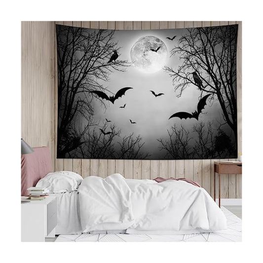 HVEST Horror Halloween Tapestry Wall Hanging Scary Full Moon Night Black Crow and Bat Tapestry for Bedroom, Spooky Dead Forest Tapestries for Living Room Dorm Party Wall Decor, 59W x 51H inches
