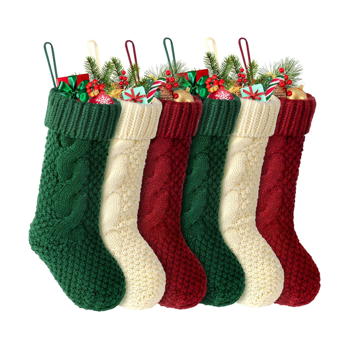 Hommtina Christmas Stockings, Personalized Christmas Stockings 18 Inches Large Size Cable Knitted Stocking Gifts (Style 3 6pcs White&red&Green)