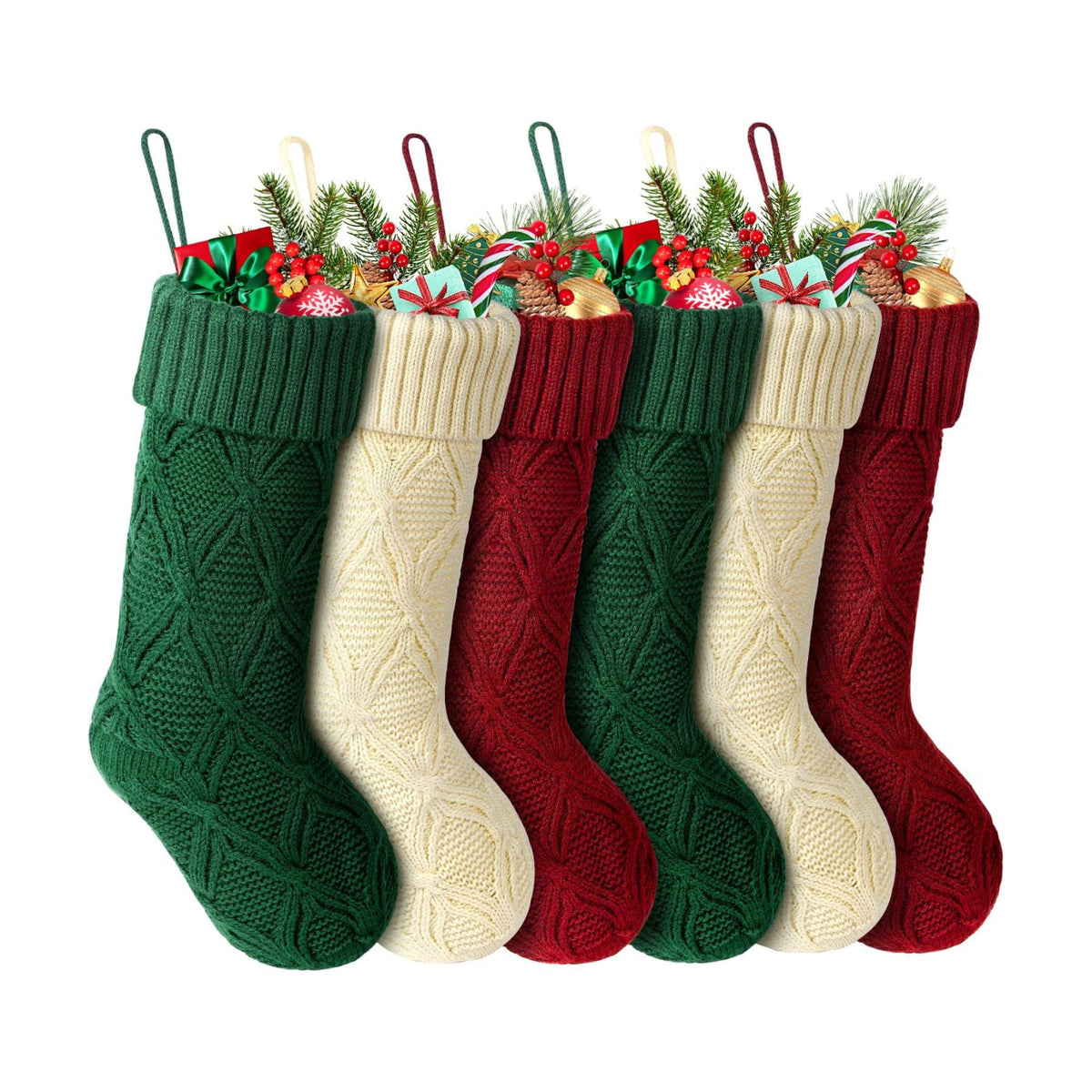 Hommtina Christmas Stockings, Personalized Christmas Stockings 18 Inches Large Size Cable Knitted Stocking Gifts (Style 2 6pcs White&red&Green)