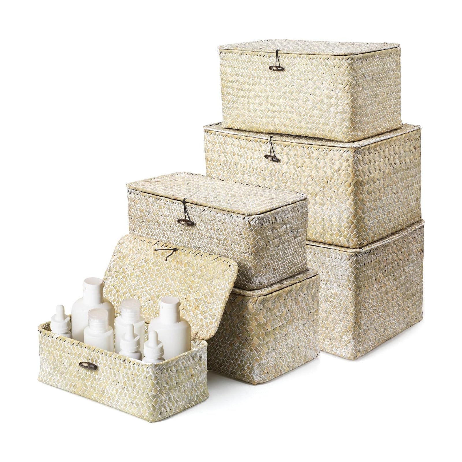 Seagrass Basket / Lids Bin Woven Organizer / White / Classic Style / Set of 6