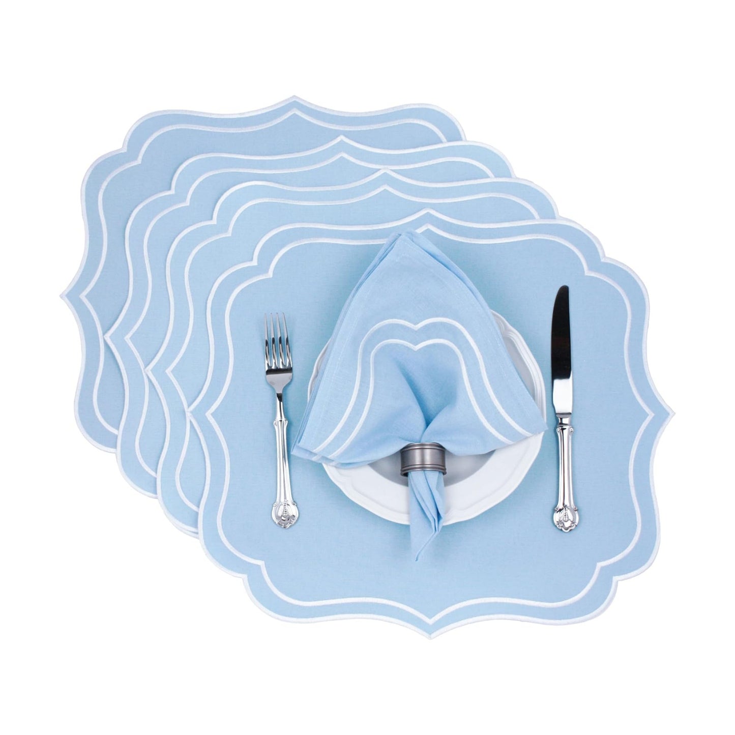 Cotton Linen Scalloped & Embroidered Placemats Set of 4, Light Blue | Bryonia Double Layered Machine Washable Cloth