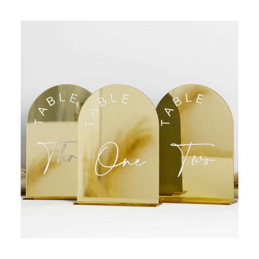 Gold Mirror Arched Wedding Table Numbers 1-15 with Stands, 5x7 Inch Acrylic Arch Sign with Holder, Gold Arch Acrylic