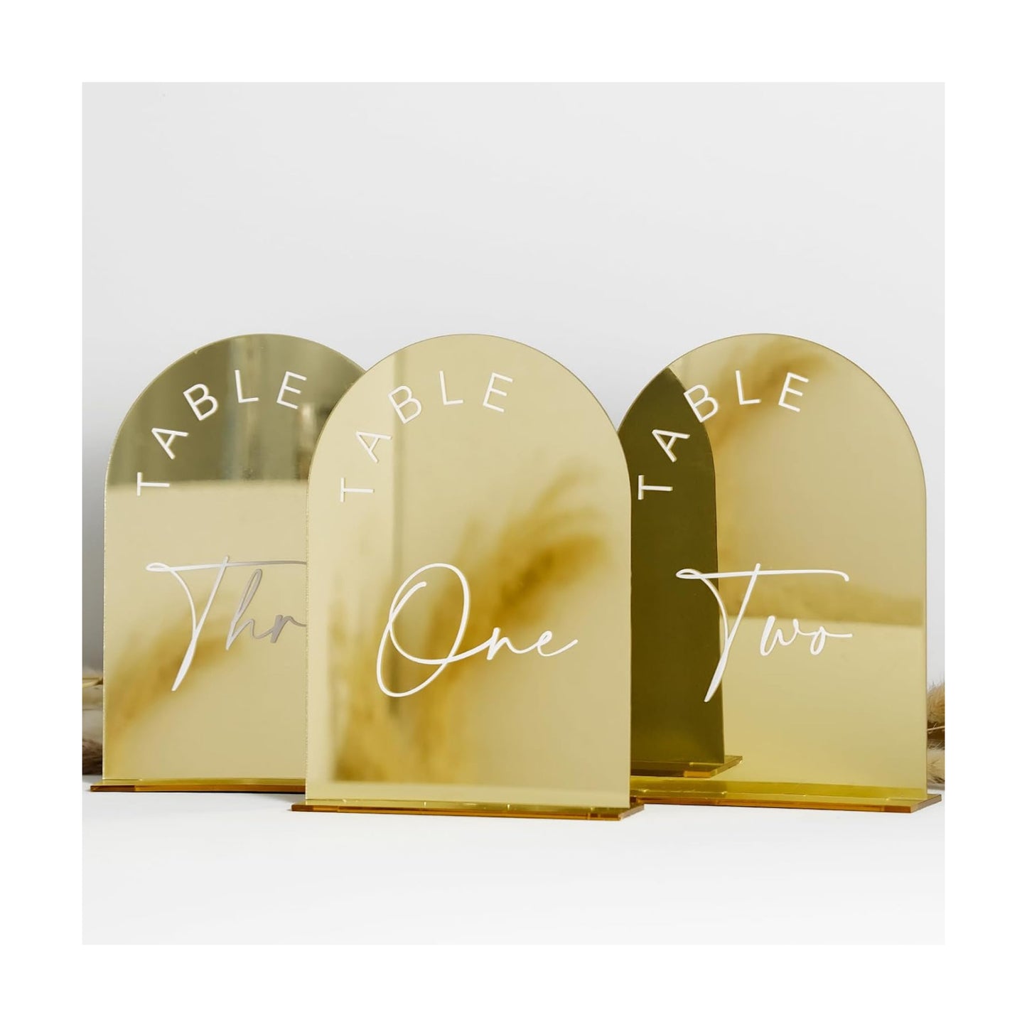 Gold Mirror Arch Wedding Table Numbers 1-25 with Stands, 5x7 Inch Acrylic Arch Sign with Holder, Gold Mirror Arched