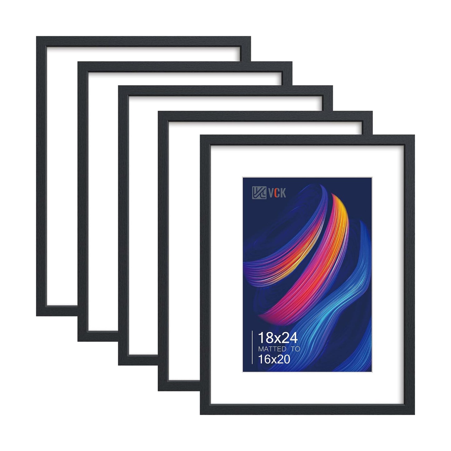 VCK 18x24 Poster Frame Black - 5 Pack, with Wood Grain Finish & Plexiglass, Displays 16x20 Photo with Mat or 18 x 24