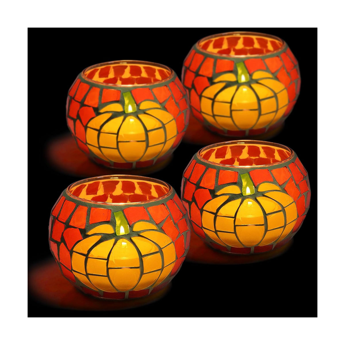 4 PCS Pumpkin Candle Holders, Fall Table Centerpiece Decorations, 100% Mosaic Glass Votive Tealight Candle Holders for Thanksgiving Halloween Indoor Outdoor Decor
