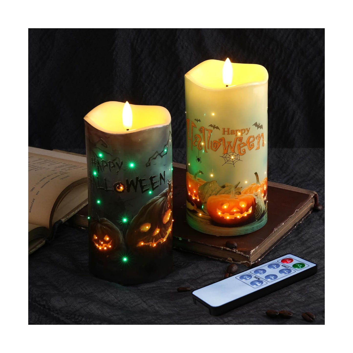 Halloween Pumpkin Fiber Optic Flameless Pillar Candles with Remote | Flickering Spooky LED Candles Set of 2, 3 AA