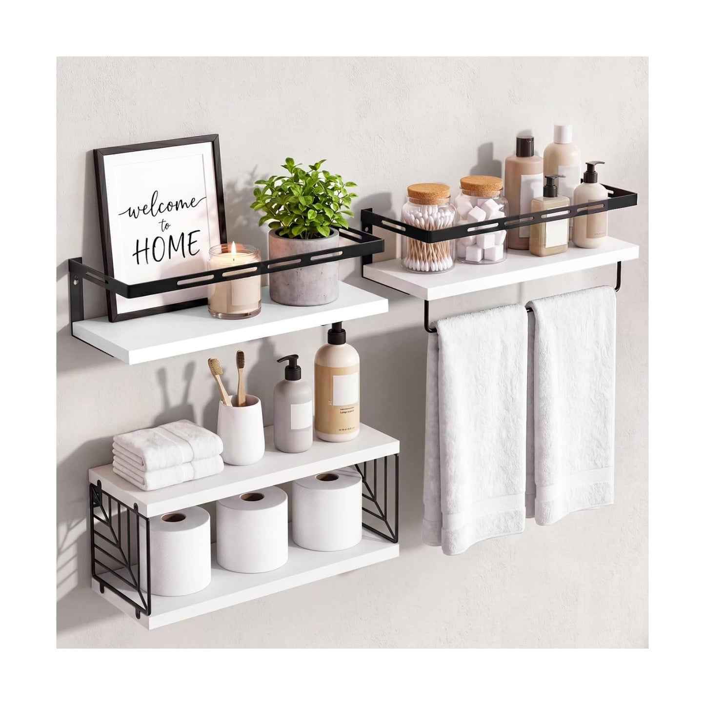 Fixwal Wall Mounted Bathroom Shelves Over Toilet (3+1 White) | Wall Shelf with Basket Storage , Towel Bar, Solid Wood