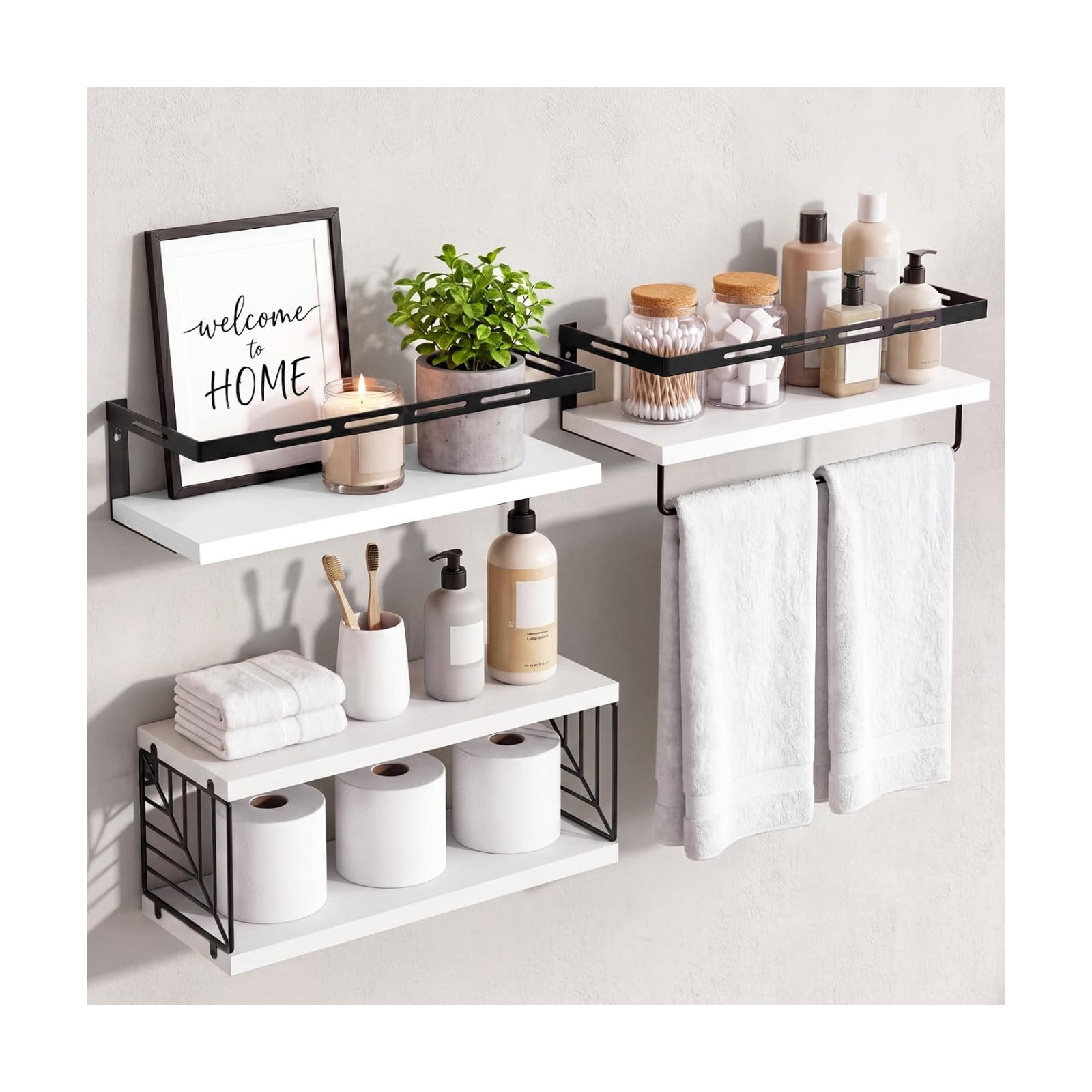 Fixwal Wall Mounted Bathroom Shelves Over Toilet (3+1 White) | Wall Shelf with Basket Storage , Towel Bar, Solid Wood