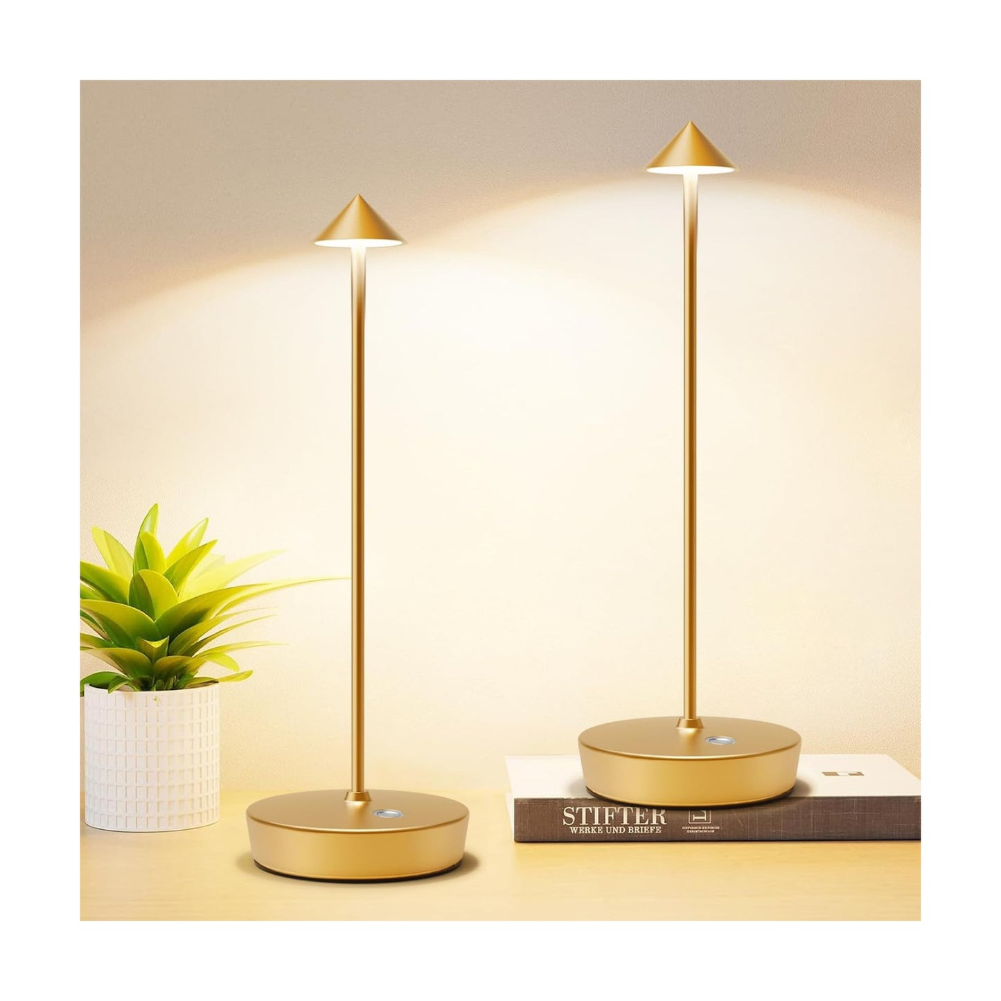 Set of 2 Cordless Rechargeable Led Table Lamp Battery Operated Light Gold | 6000mAh Desk Lamp Touch 3 Color Dimming
