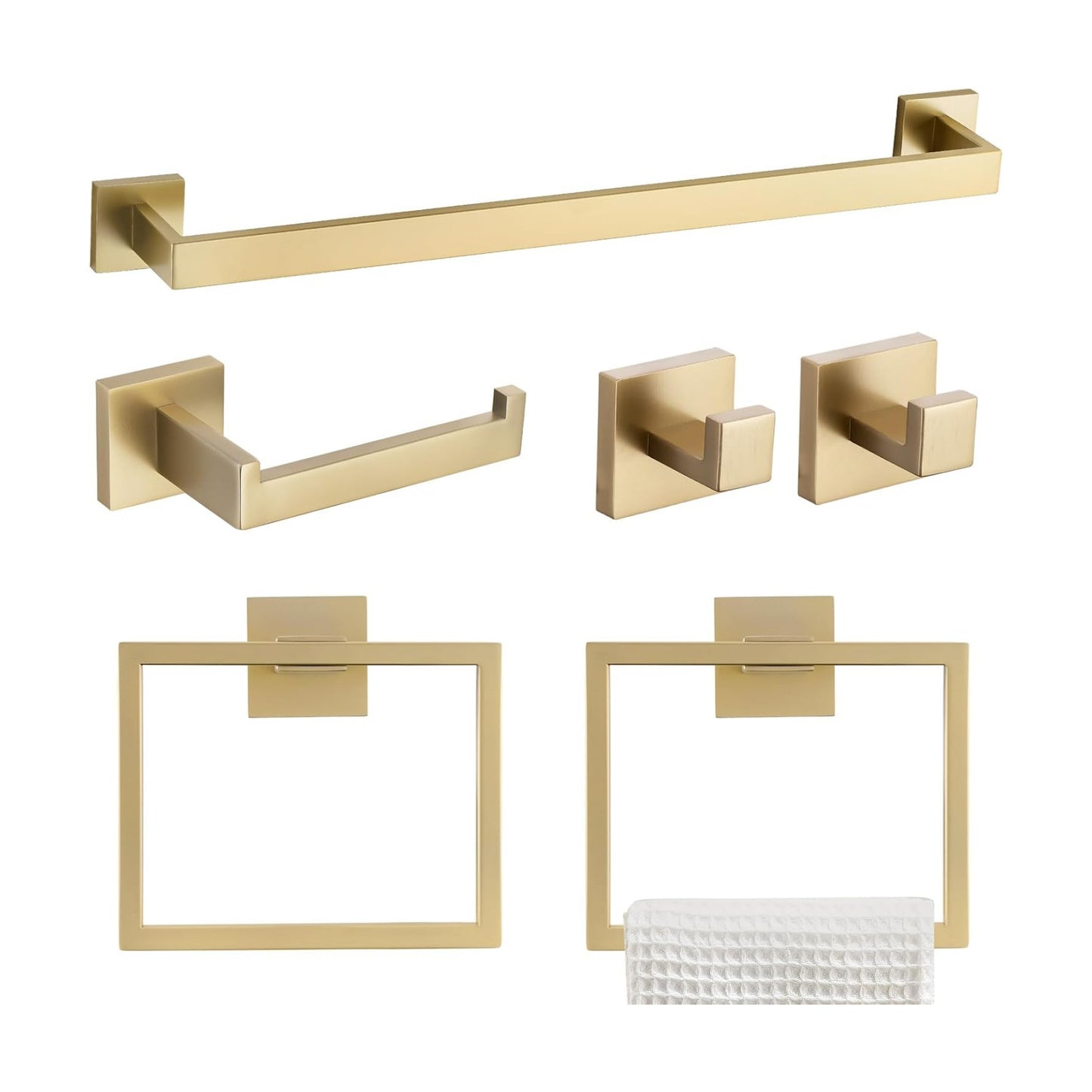 TQKAG 6-Piece Bathroom Towel Bar Sets Brushed Gold 23.6 inch Towel Bar Stainless Steel Towel Ring Coat Hook and Toilet