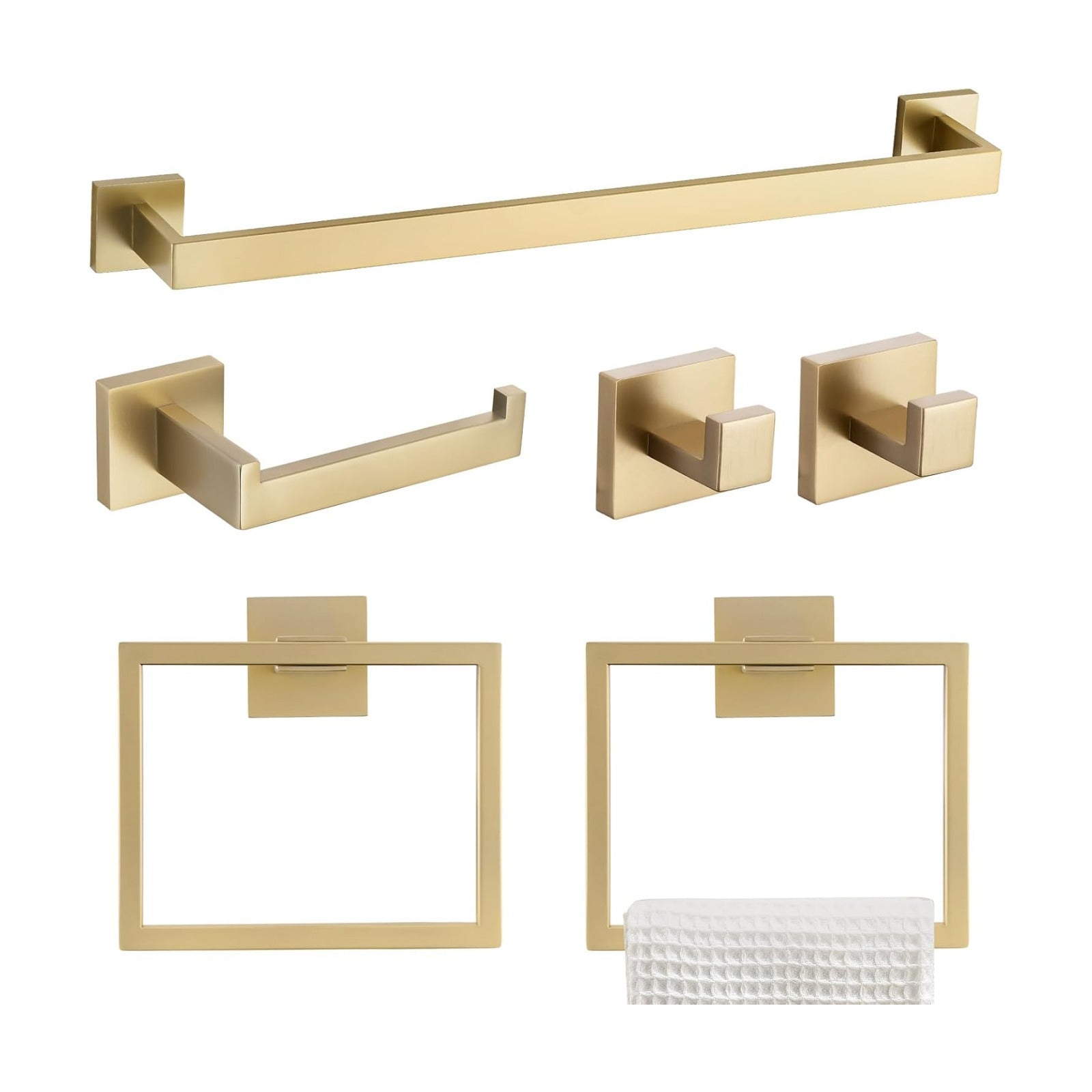 TQKAG 6-Piece Bathroom Towel Bar Sets Brushed Gold 23.6 inch Towel Bar Stainless Steel Towel Ring Coat Hook and Toilet